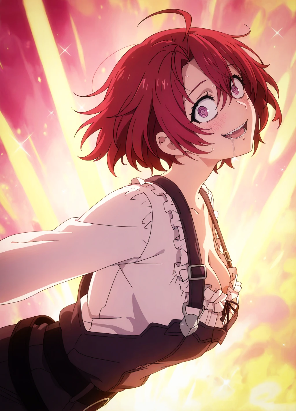 anime screencap,anime coloring,
dynamic pose,head tilt,dutch angle,
(masterpiece, best quality:1.2),
<lora:kirakira:0.8>,sparkle, colorful, kirakira,
1girl,
crazy eyes, crazy smile, @_@, blush,
BREAK,
<lora:GoblinSlayer_CowGirl_IlluXL:0.8>, 1girl, solo, open mouth, short hair, hair between eyes, ahoge, red hair, purple eyes, pinafore dress, blouse, white shirt, frilled shirt, cleavage, large breasts, long sleeves, suspenders, loose belt, black belt, in heat,
from side, saliva, drooling, sweat, orgasm, female orgasm,
floating hair, floating,
<lora:add-detail-xl:1>,