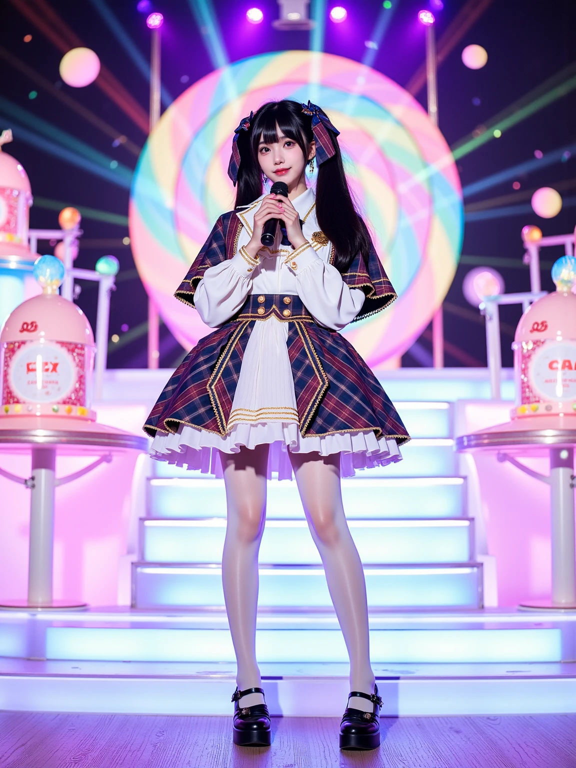 A realistic photo of a slim beautiful woman in idol outfit. She is also wearing white thighhighs and black mary janes. She has long black straight with twintails and hair ribbon. She is holding a microphone and standing on one leg. She is looking at viewer and smile. The background is a giant rotating carousel stage with pastel cotton candy machines spewing rainbow-colored fog. Transparent acrylic stairs light up with footsteps, leading to a central platform where giant lollipops sprout laser-beam microphones. Overhead, a constellation of floating gummy bear-shaped spotlights change colors, while the stage floor dissolves into animated soda bubbles during dance breaks.