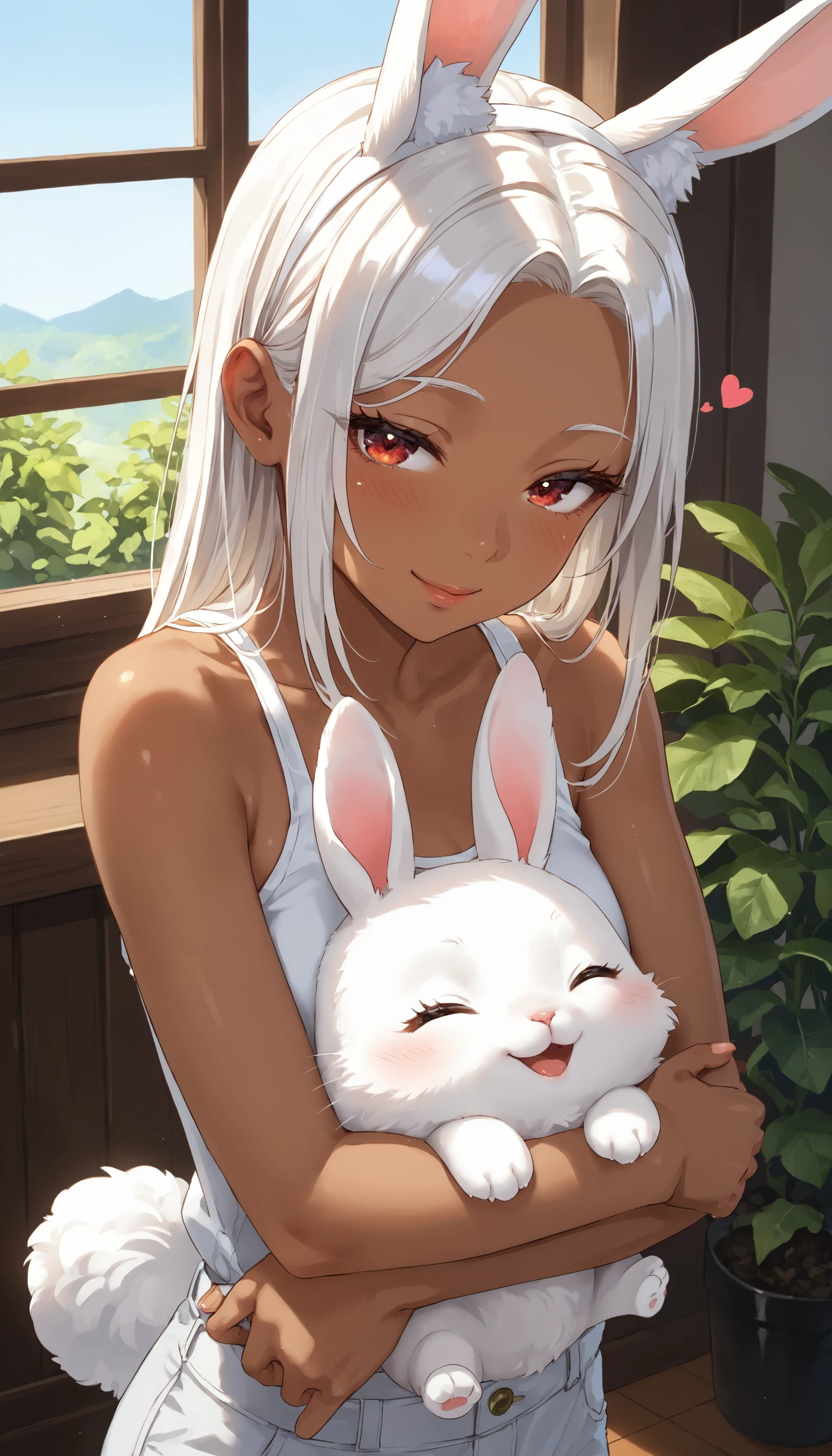 score_9, score_8_up, score_7_up, The image is an illustration of a young woman with long white hair and red eyes. She is wearing a white tank top and has a pair of bunny ears on her head. The woman is holding a white rabbit in her arms and is kissing it tenderly. The rabbit has its eyes closed and appears to be sleeping. The background is a room with a window and a plant. The overall mood of the image is peaceful and serene. dark_skin, rating:safe, white_hair, heart, animal_ears, 1girl, red_eyes, long_hair, parted_bangs, bunny_ears, hug, bare_shoulders, window, smile, half-closed_eyes, indoors, looking_at_viewer, one_eye_closed