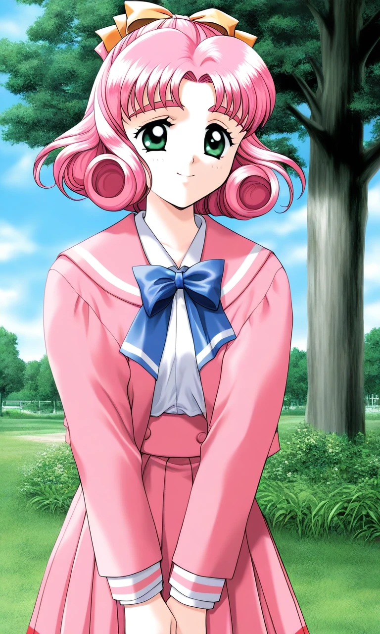 general,highres, ultra-detailed,very aesthetic,best quality ,best hands, BREAK <lora:Minagawa_Nana_kakyuusei_Ver2.0_IS:1>
Minagawa_Nana(kakyuusei), 1girl, solo, pink hair, short hair, hair bow, ribbon, green eyes, curly hair,
school uniform, long sleeves, bangs, pink skirt, pink jacket, pleated skirt, blue bow, white shirt,
smile, v arms, cowboy_Shot, open jacket,
grass, tree, sky, day,
