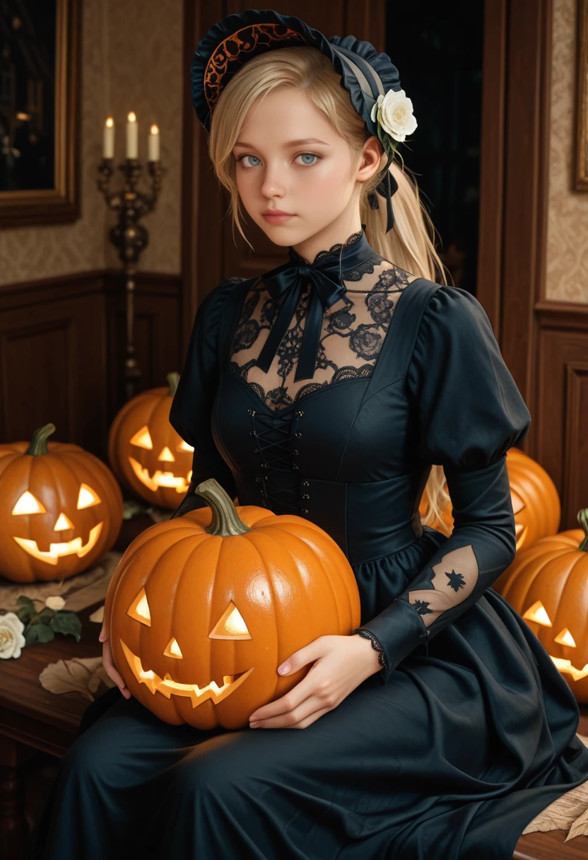 masterpiece, very aesthetic, best quality, absurdres, newest, solo,
<lora:ILMKCassie:1.0>
MKCassie, 1girl, solo, blonde hair, ponytail, blue eyes, long hair, looking at viewer, white flower, sitting, long sleeves, holding, black dress, puffy sleeves, halloween, jack-o'-lantern, pumpkin, black ribbon, bow, closed mouth, lace trim, bonnet, indoors