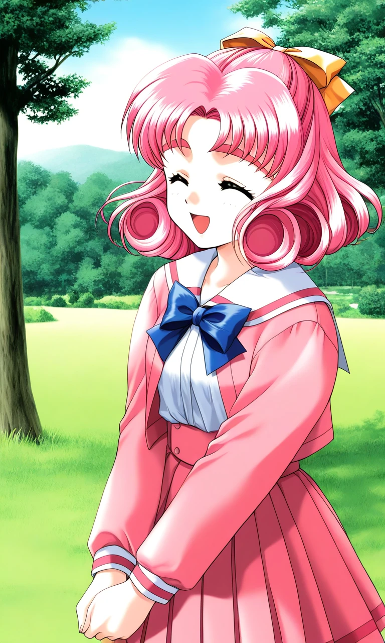 general,highres, ultra-detailed,very aesthetic,best quality ,best hands, BREAK <lora:Minagawa_Nana_kakyuusei_Ver2.0_IS:1>
Minagawa_Nana(kakyuusei), 1girl, solo, pink hair, short hair, hair bow, ribbon, closed eyes, curly hair,
school uniform, long sleeves, bangs, pink skirt, pink jacket, pleated skirt, blue bow, white shirt,
smile, v arms, cowboy_Shot, open jacket,
open mouth,
grass, tree, sky, day,