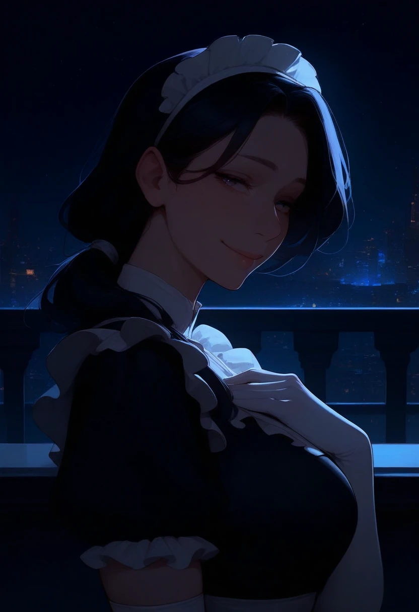 masterpiece, best quality, 1girl, solo, mature female, low side ponytail, one hand on own chest, maid, maid outfit, white elbow gloves, upper body, from side, looking at viewer, smile, balcony, night, starry sky, dark, city, cityscape, stylized