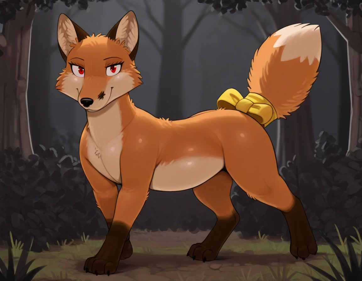 NSFW, explicit, high quality, furry, short male fox, anthropomorphic_fox, detailed fur, nick wilde, small stature, red scarf, green eyes, forest in background, shy pose, facing foward.