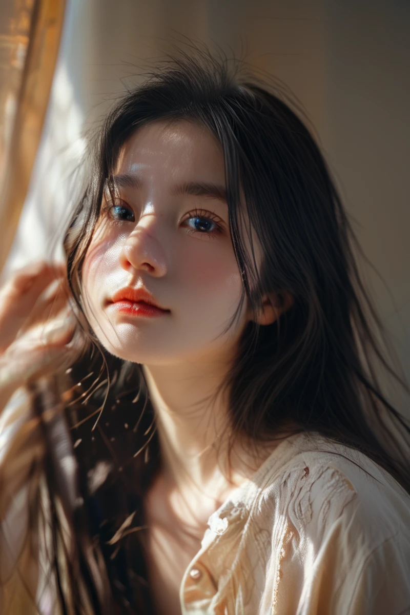 <lora:pony4:0.9>,Close-up details,realistic style photo,black hair,long hair,outstanding style,tall,cute,in her teens. Use soft lighting to cast gentle shadows on the subject,adding a touch of dimension to your images without compromising details,score_9,score_8_up,score_7_up,