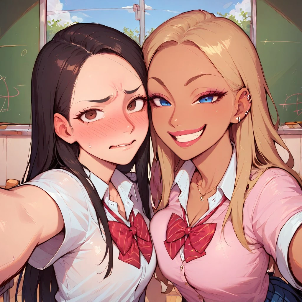 masterpiece, best quality, amazing quality, ultra-detailed, absurdres, highly detailed, intricate details, 2d, realistic shading, BREAK, 2girls, selfie, peace sign, embarrassed, smirk, looking at viewer, brown hair, brown eyes, gyaru, black hair, blue eyes, school uniform, classroom