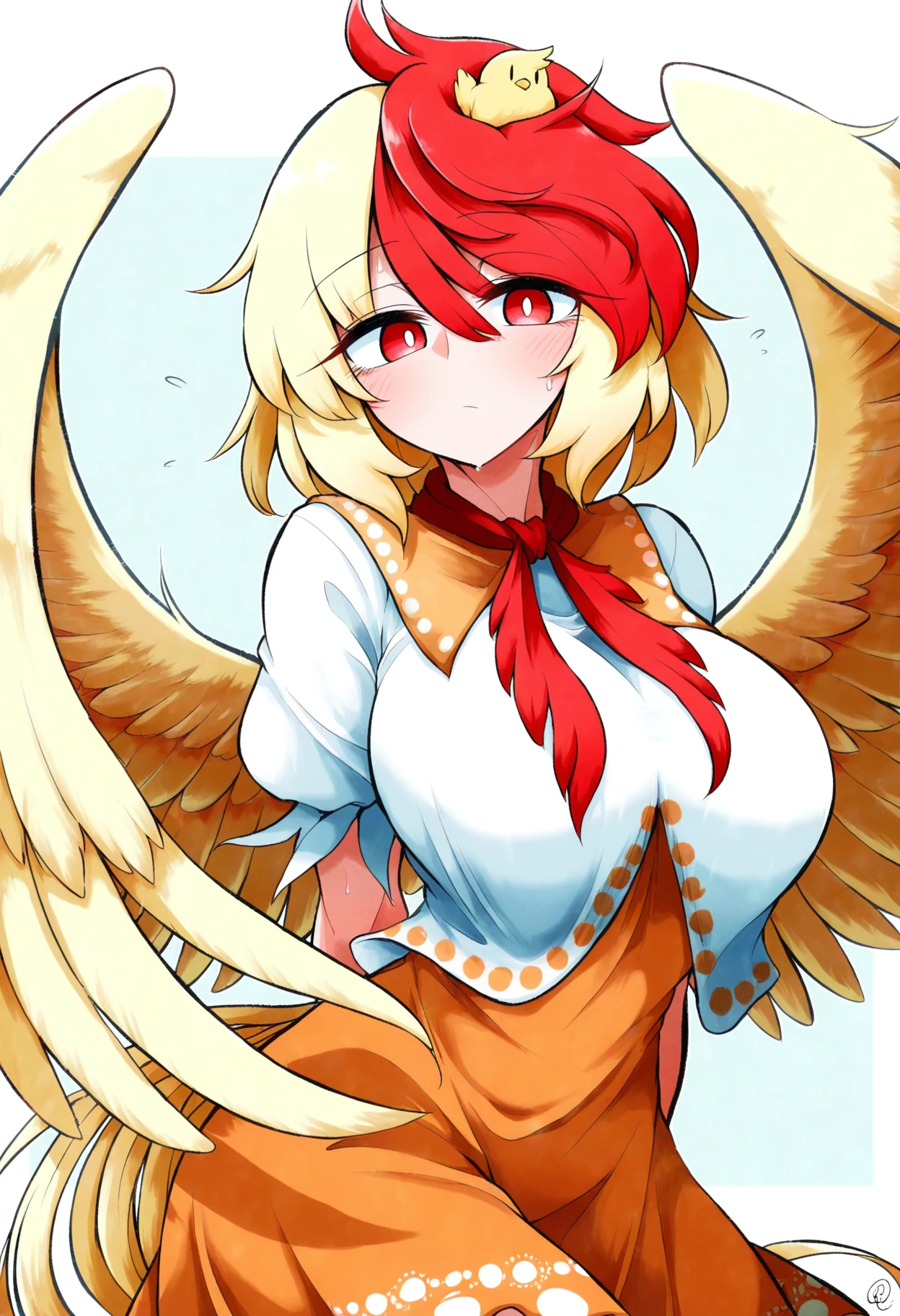 masterpiece, best quality, amazing quality, scavia10, touhou, niwatari kutaka, 1girl, animal on head, bird, bird on head, blonde hair, breasts, dress, feathered wings, large breasts, looking at viewer, medium hair, multicolored hair, neckerchief, on head, orange dress, red hair, red neckerchief, shirt, simple background, two-tone hair, white shirt, wings, yellow wings, highres,
, <lora:Add_Details_v1.2:2>