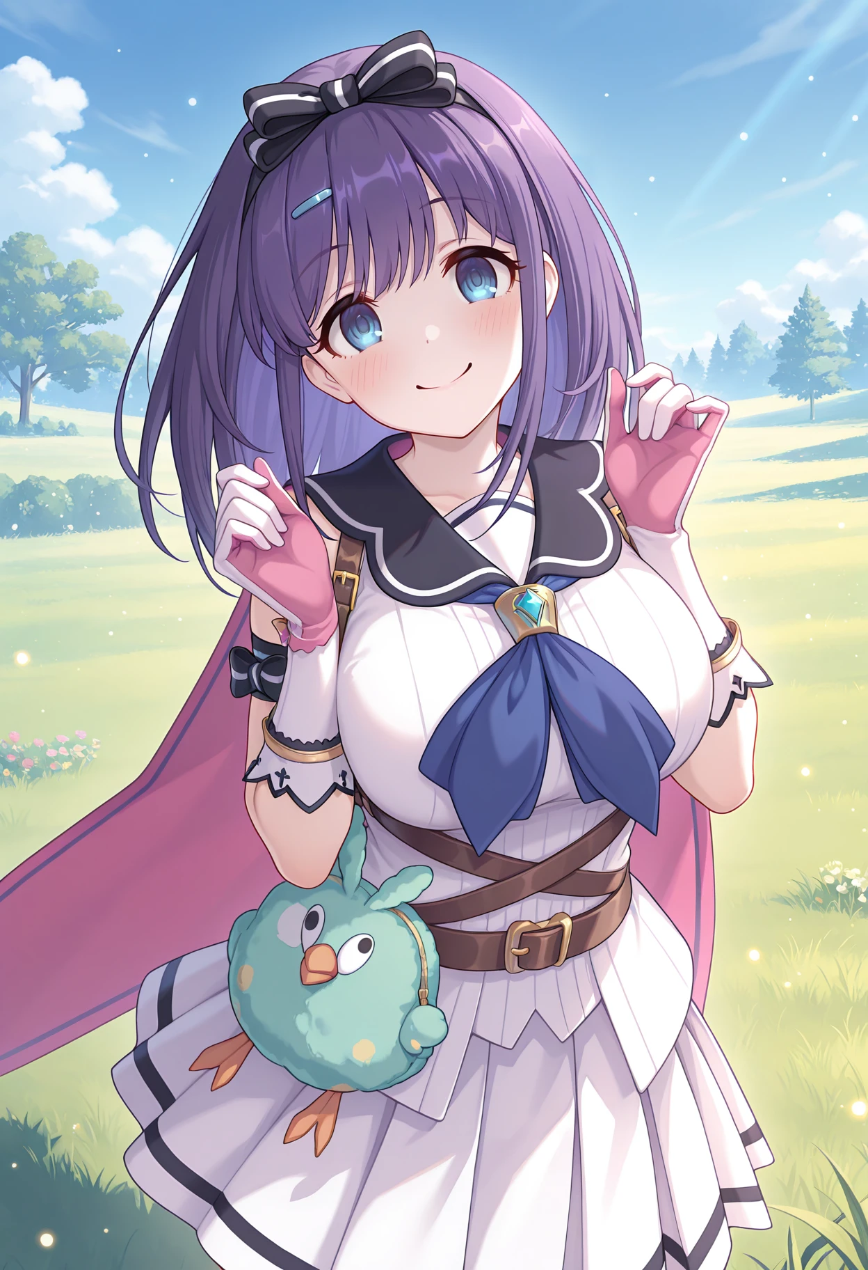 highres, best quality, masterpiece, outdoors, blue sky, grass, 
1girl, solo, pcrmsra, medium hair, purple hair, blue eyes, large breasts, tareme,
pmsradef, hair bow, black bow, striped bow, hairclip, black sailor collar, two-sided cape, pink cape, white shirt, sleeveless shirt, blue neckerchief, crossed belts, belt, white skirt, pleated skirt, arm strap, white gloves, pink gloves, animal bag, stuffed toy, stuffed bird,
looking at viewer, blush, smile,
standing, hands up, head tilt,
princess connect!, official art, light particles, 
<lora:_misora_pcr-elesico-ilxl:1>