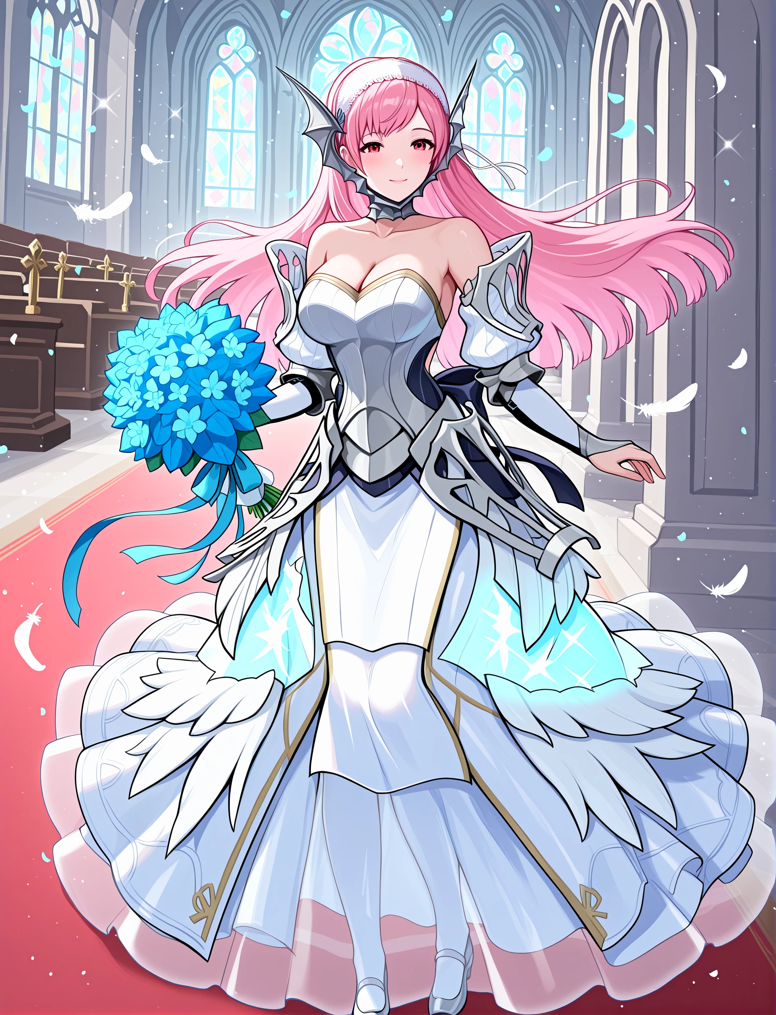 full body, church, temple, wedding, dynamic pose, altar, 1girl,
happy, light smile, 
<lora:AwakeningBridal2:1> awakeningbride, collarbone, strapless,  shoulders, cleavage, back bow, ribbons, butterfly hair ornament, long dress, (glowing dress), sparkling dress, shiny clothes, white wedding dress, feathers, detached sleeves, bridal gauntlets, gold trim, blue glow, holding bouquet,
 <lora:Cherche:1> Cherche, long hair, pink hair, hairband, red eyes, ,, masterpiece, best quality, amazing quality, very aesthetic, absurdres, newest