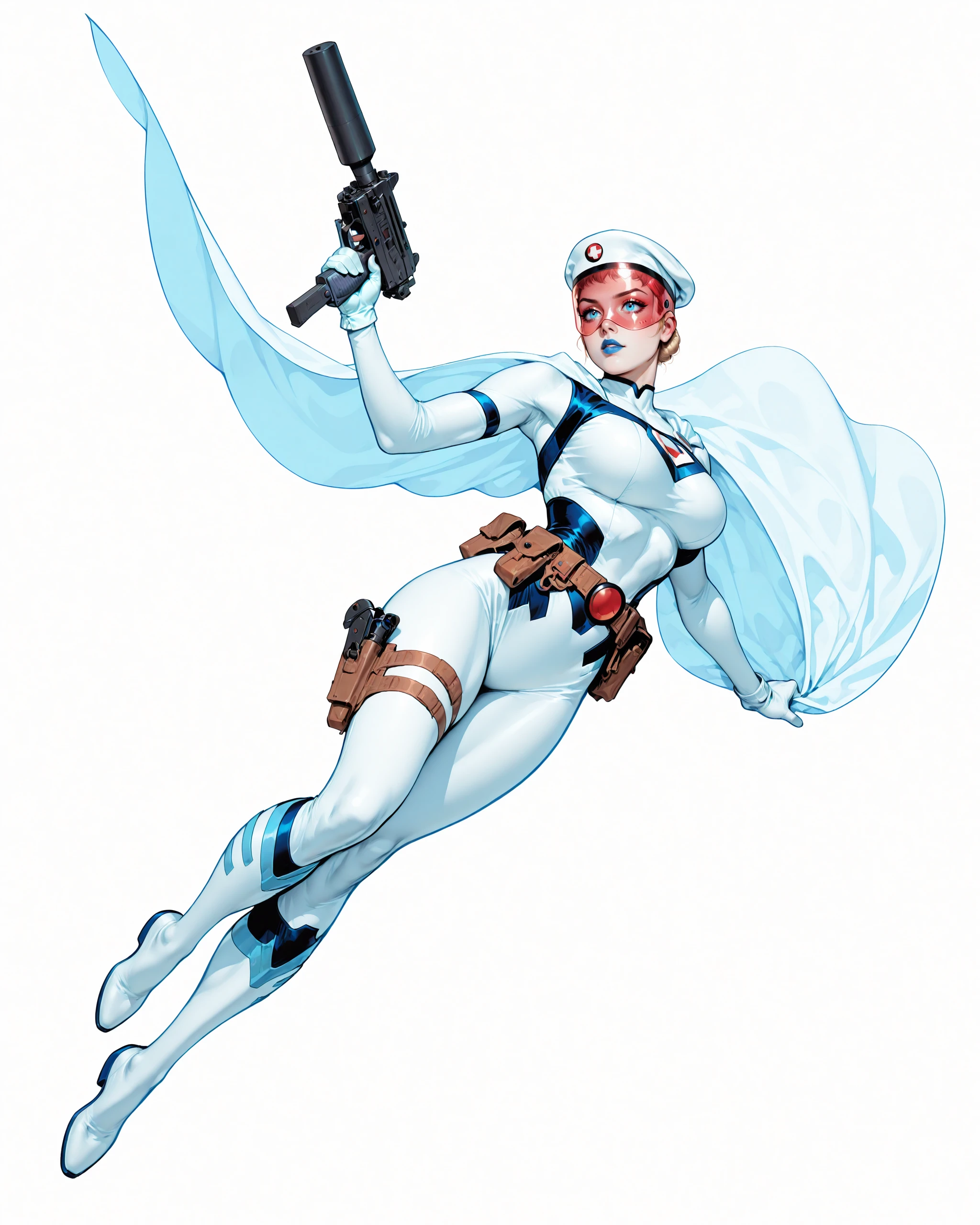 solo, (full body shot, wide shot:1.2), 1girl, (30 year old Russian woman:1.2), beautiful female cyborg spy, fair skin, (white with light blue accents superhero bodysuit with armor padding:1.3), white body armor vest, thigh pistol holsters, white cloak, white military beret, cyborg, cybernetic seams, utility belt, blue eyes, epic red visor, long blonde hair, hair bun, white arm length gloves, slim waist, (toned body:1.1), (large breasts:1.2), wide hips, ultra detailed face, (blue lips:1.2), confident closed mouth smile, strong jaw line, white thigh high superhero boots, (shooting a mac-10 machine pistol with a suppressor:1.2), white background, (dynamic pose, dynamic composition, dynamic angle:1.2), digital painting, masterpiece, best quality, very awa, absurdres, 8k, comic art style, detailed,
ArsMJStyle, Colored pencil hyperdetailed realism, masterpiece, very aesthetic, G0thicL1nes, C0M1C5 Style, c0m1c5 style, (borderless), cgstyle, SUP3RH3R0 Style, sup3rh3r0 style, comic art style, C0M1C5 Style, c0m1c5 style, SMG-0