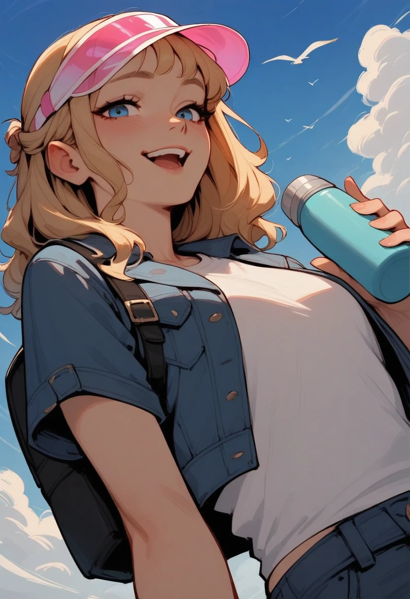 masterpiece, best quality, stylized, 1girl, solo, blonde hair, wavy hair, half updo, sidelocks, choppy bangs, blue eyes, smile, open mouth, looking at viewer, hand up, holding bottle, aqua thermos, visor cap, pink cap, transparent cap, t-shirt, white shirt, cropped jacket, denim jacket, black backpack, upper body, from below, dutch angle, blue sky, day, cloud, bird