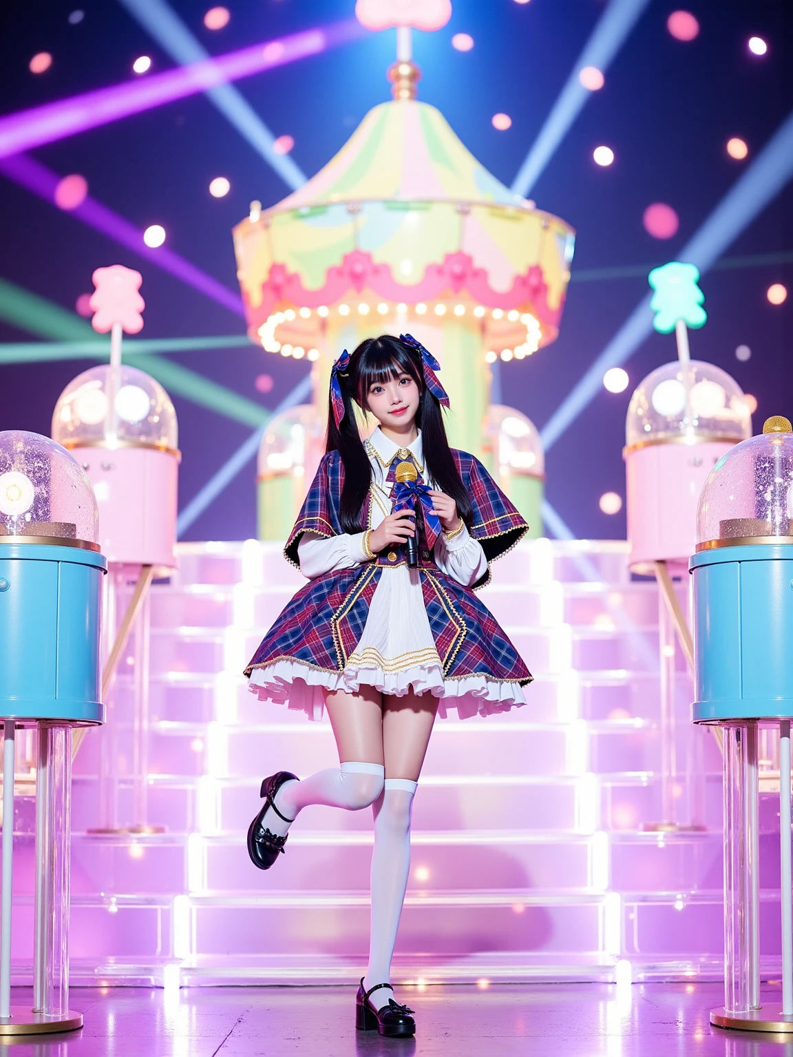 A realistic photo of a slim beautiful woman in idol outfit. She is also wearing white thighhighs and black mary janes. She has long black straight with twintails and hair ribbon. She is holding a microphone and standing on one leg. She is looking at viewer and smile. The background is a giant rotating carousel stage with pastel cotton candy machines spewing rainbow-colored fog. Transparent acrylic stairs light up with footsteps, leading to a central platform where giant lollipops sprout laser-beam microphones. Overhead, a constellation of floating gummy bear-shaped spotlights change colors, while the stage floor dissolves into animated soda bubbles during dance breaks.