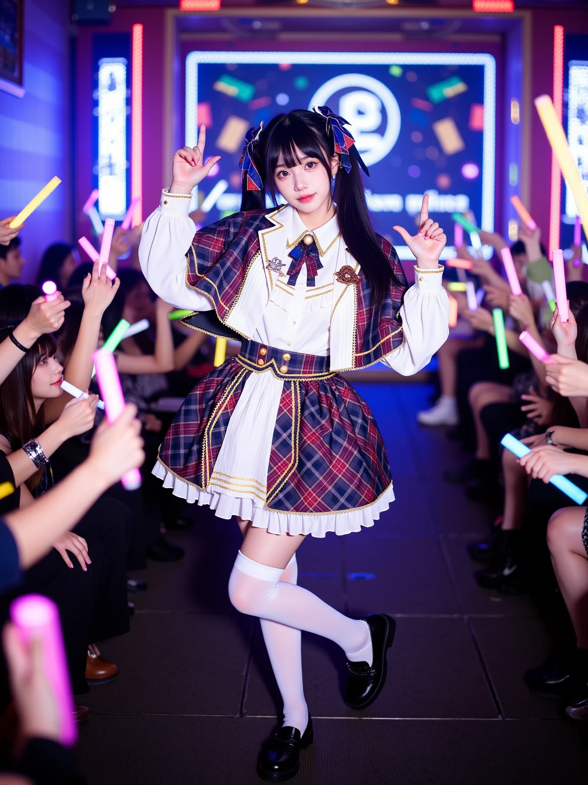 A realistic photo of a beautiful woman in idol outfit. She is also wearing white thighhighs and black loafers. She has long black straight with twintails and hair ribbon. She is in dynamic pose. The background is in a small, intimate venue. The stage is adorned with colorful lights and a backdrop featuring the idol group's logo. The audience is filled with enthusiastic fans waving glow sticks, creating a mesmerizing sea of color. The photo is a full body shot with her entire body visible and with detail background.
