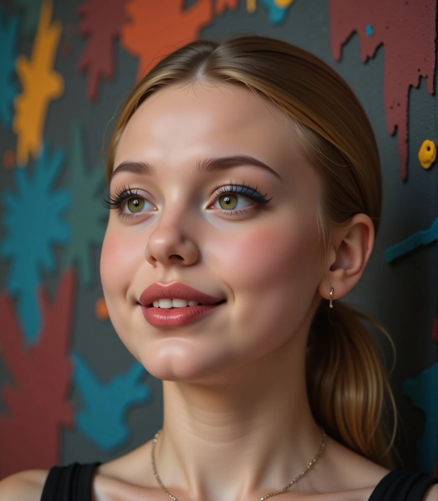 sharp image, 4k, young woman face, close up, dark multicolored wall on background, black eyeliner, eyeshadows, long eyelashes, looking away, smile, tooth,, <lora:Woomy_6_Flux:1.2> dark eyes, red lips, plump lips, blond, ponytail,