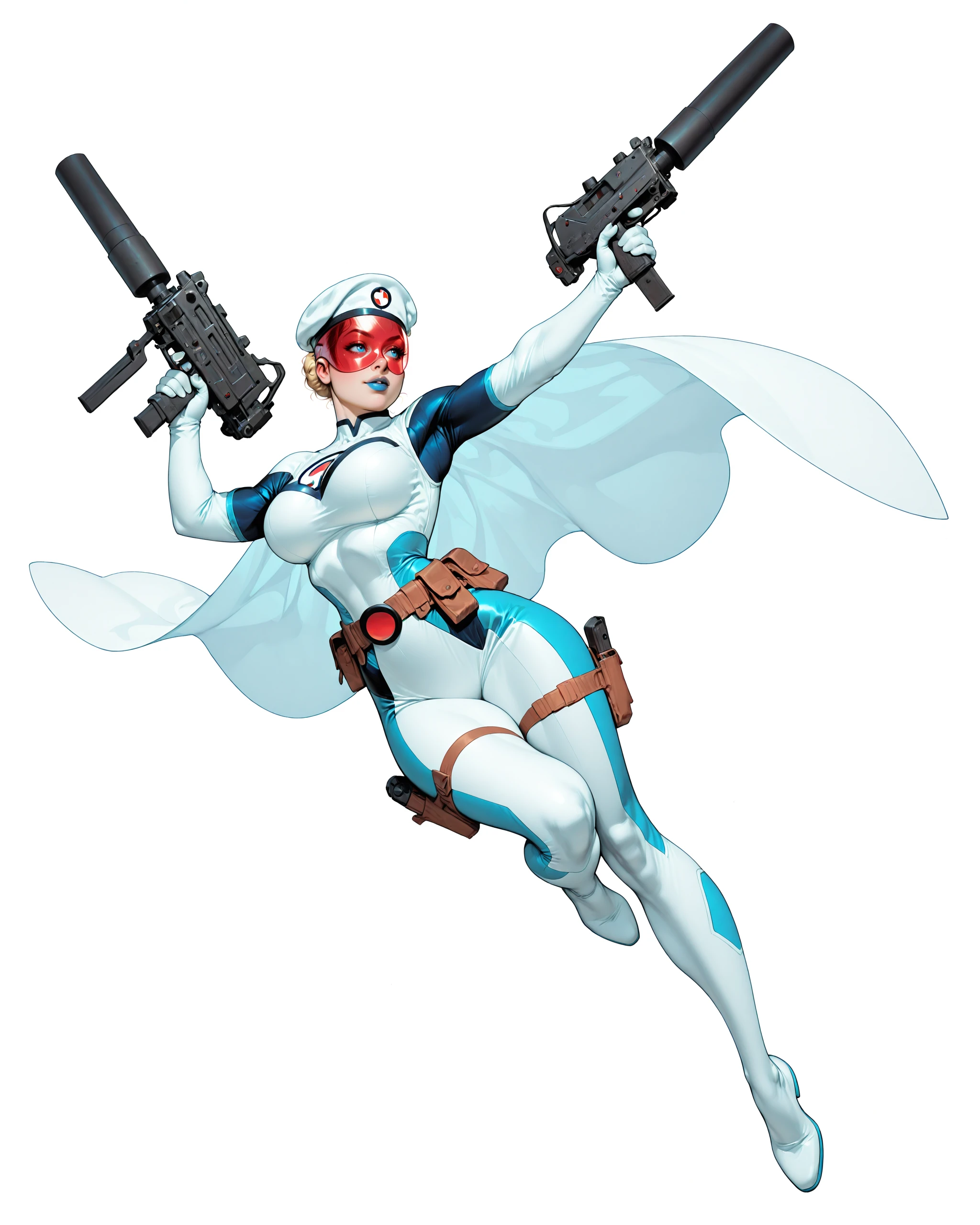 solo, (full body shot, wide shot:1.2), 1girl, (30 year old Russian woman:1.2), beautiful female cyborg spy, fair skin, (white with light blue accents superhero bodysuit with armor padding:1.3), white body armor vest, thigh pistol holsters, white cloak, white military beret, cyborg, cybernetic seams, utility belt, blue eyes, epic red visor, blonde hair, hair bun, white arm length gloves, slim waist, (toned body:1.1), (large breasts:1.2), wide hips, ultra detailed face, (blue lips:1.2), confident closed mouth smile, strong jaw line, white thigh high superhero boots, (shooting a mac-10 machine pistol with a suppressor:1.2), white background, (dynamic pose, dynamic composition, dynamic angle:1.2), digital painting, masterpiece, best quality, very awa, absurdres, 8k, comic art style, detailed,
ArsMJStyle, Colored pencil hyperdetailed realism, masterpiece, very aesthetic, G0thicL1nes, C0M1C5 Style, c0m1c5 style, (borderless), cgstyle, SUP3RH3R0 Style, sup3rh3r0 style, comic art style, C0M1C5 Style, c0m1c5 style, SMG-0