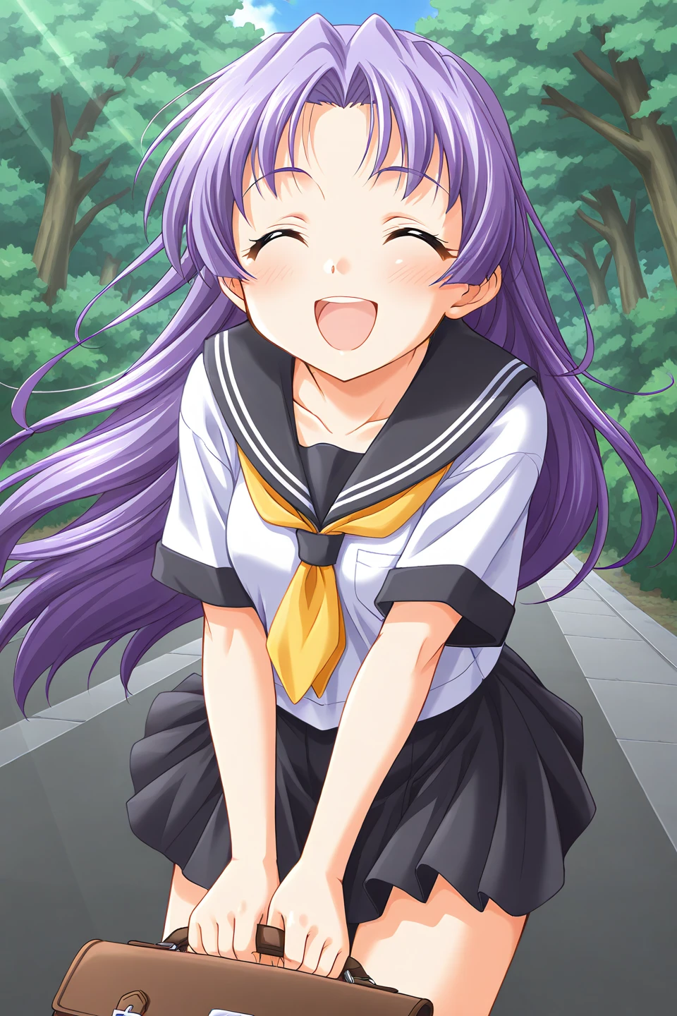(masterpiece), (1girl), (hands on own knees), (smirk), (looking at viewer), (from below), (grass), (sky), (tedeza rize), (purple black hair), (twintails)