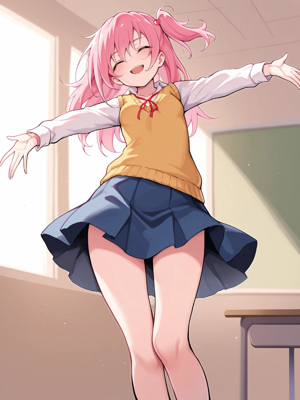 masterpiece, best quality, 1girl, solo, <lora:MrKeb_EndouAina_IL:1>, lvendouaina, long hair, pink hair, one side up, closed eyes, hair ornament, small breasts, smile, open mouth, school uniform, white shirt, sweater vest, yellow vest, red neck ribbon, blue skirt, bare legs, overstretched arms, twirl, standing, classroom
