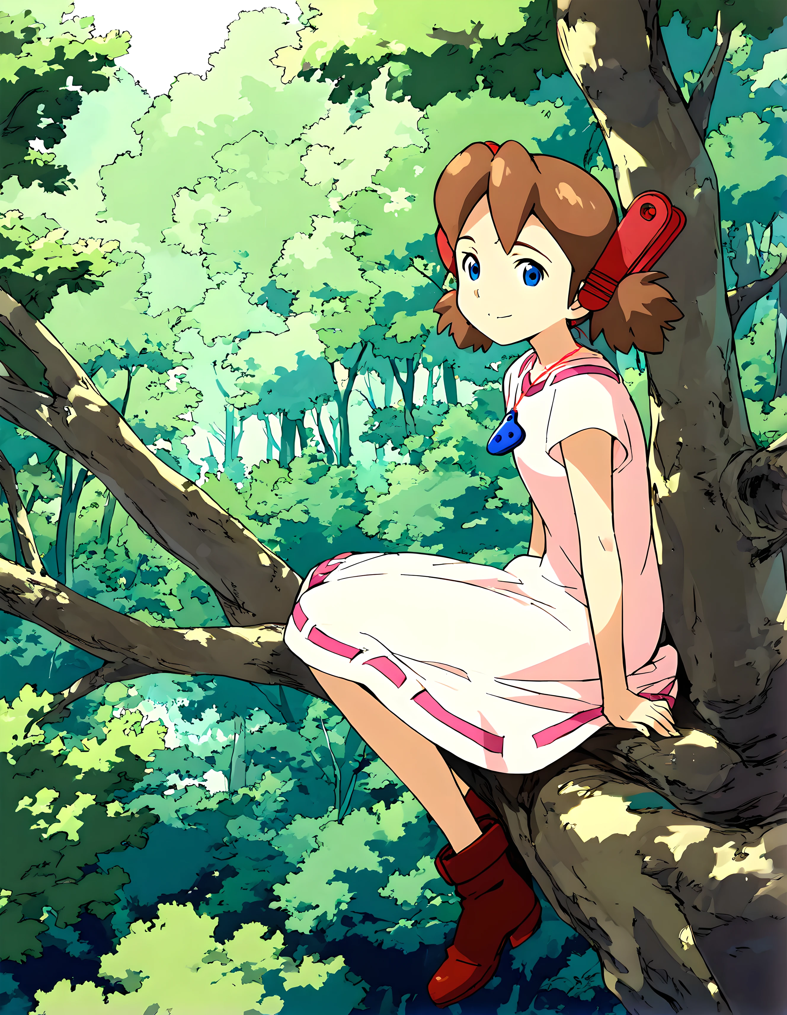 <lora:illustrious_XL_josette:0.9>,josette,masterpiece,best quality,good quality,1girl,solo,dress,necklace,boots,nature,outdoors,forest,tree,sitting_in_tree,looking_at_viewer,