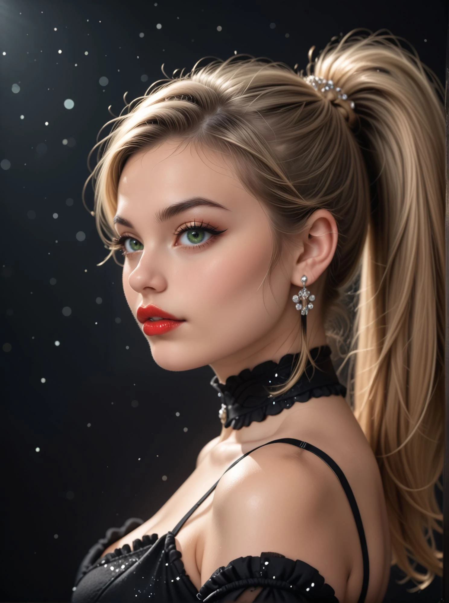 woman, looking at viewer, dark background,  shoulders, choker, black eyeliner, eyeshadows, suspended particles, detached sleeves, elegant outfit, earrings, side view,, <lora:Woomy 6 Pony:0.9> dark green eyes, red lips, plump lips, blond, ponytail,