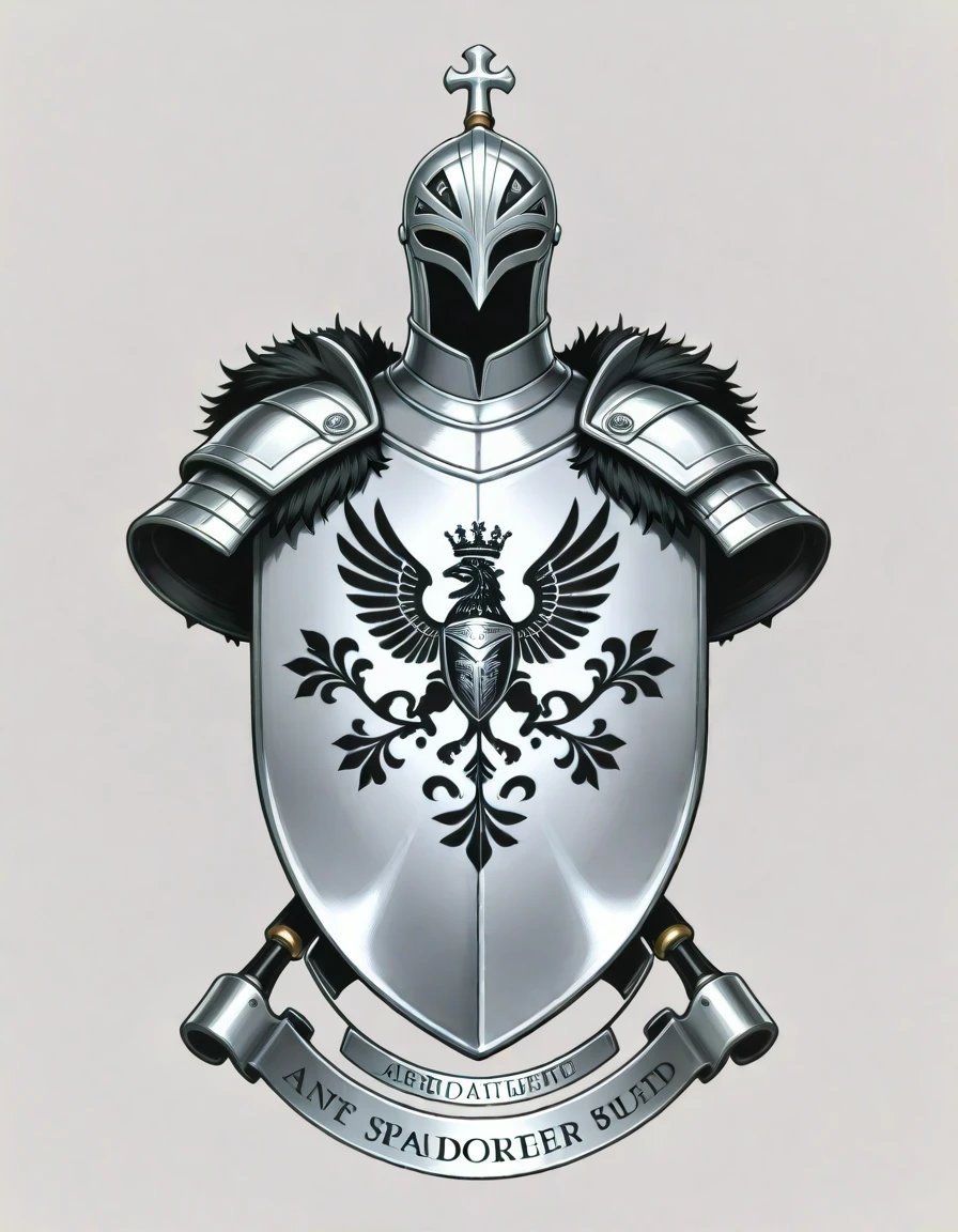 masterpiece, best_quality, very_aesthetic, highres, absurdres, ultra detailed,
<lora:negXL:0.5> <lora:HeraldicCrest_IL:1> heraldiccrest, å¾½ç« , no humans, simple background, english text , smoky grey theme , trim ,shiled
(Brigandine),An armor made of metal plates sewn into cloth or leather