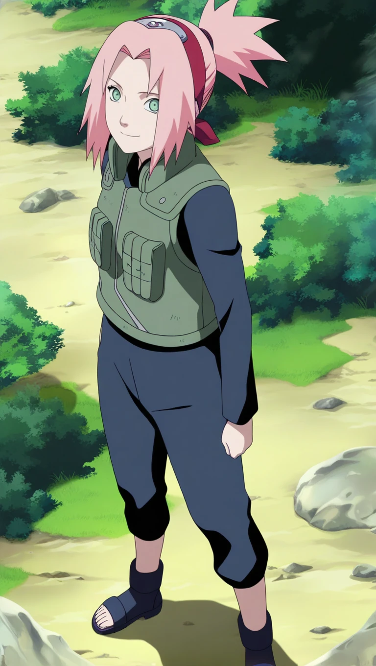 source_anime, masterpiece, best quality, amazing quality, anime screencap, high quality, 8k, absurdres, official style, 1girl, solo, looking at viewer, standing, smile, <lora:Sakura_Pre_iL:1>, 54kur4 h4run0, pink hair, green eyes, ponytail, green outfit, ponytail, vest, pockets, green vest, pants, blue pants, blue shoes, blue sleeves, long sleeves, toeless footwear,