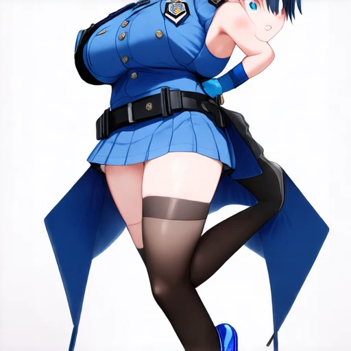 Anime Style,Girl,policewoman,mini skirt,Black Hair、short hair,Large Breasts,Small waist,Big Ass,tall,Squat,Spread your legs,Purple underwear with intricate patterns、Sigh