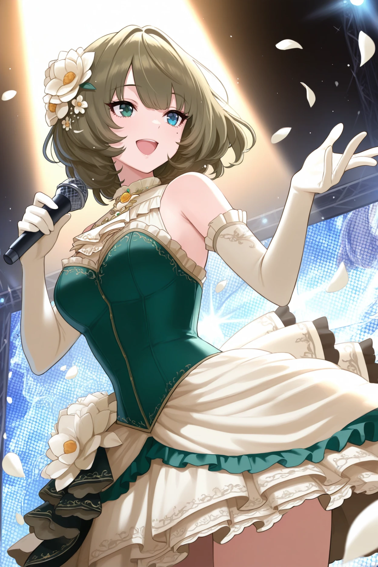 masterpiece, best quality, 1girl, solo, <lora:takagakikaede-illu-nvwls-v1-000006:1> lfekdt, green eyes, blue eyes, heterochromia, brown hair, short hair, mole under eye, white flower, hair flower, white ascot, green bustier, frills, beige gown, beige overskirt, short dress, elbow gloves, white gloves, detached sleeves, stage, holding microphone, open mouth, happy, spotlight, blue sky, clouds, flower petals, white petals