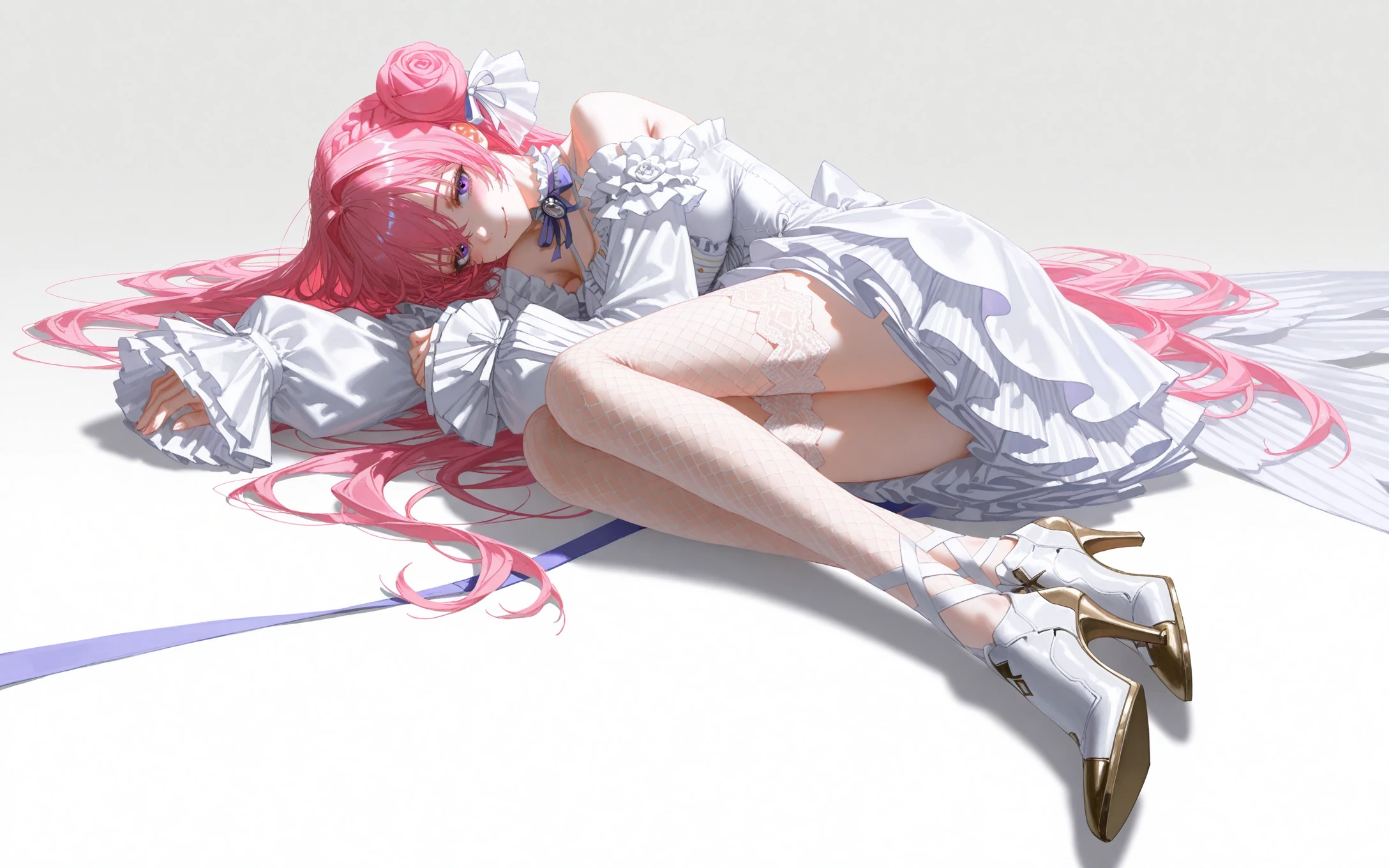 (artist:quasarcake:0.8),extreme aesthetic,(wlop:0.6),(honjou raita,lack,rella,wanke:0.5),masterpiece,best quality,good quality,newest,year 2024,year 2023,very aesthetic,absurdres,Visual impact,A shot with tension,ultra-high resolution,32K UHD,sharp focus,best-quality,masterpiece,Emotionalization,unconventional supreme masterpiece,masterful details,temperate atmosphere,with a high-end texture,in the style of fashion photography,(Visual impact:1.2),Dynamic and visual impact,offcial art,colorful,splash of color,movie perspective,masterpiece,best quality,amazing quality,very aesthetic,absurdres,best quality,newest,
<lora:xl-ill-Dorothy (NIKKE The Goddess of Victory)-v1-000010:0.8>,dorothy \(nikke: the goddess of victory\), 1girl, solo, thighhighs, long hair, pink hair, dress, lying, white background, white dress, looking at viewer, purple eyes, smile, simple background, frills, hair bun, long sleeves, fishnet thighhighs, high heels, bare shoulders, full body, fishnets, on side, single side bun, closed mouth, frilled dress, ribbon, white ribbon, white footwear, blush, single hair bun, sleeves past wrists, halterneck, hair ribbon, hair between eyes, short dress