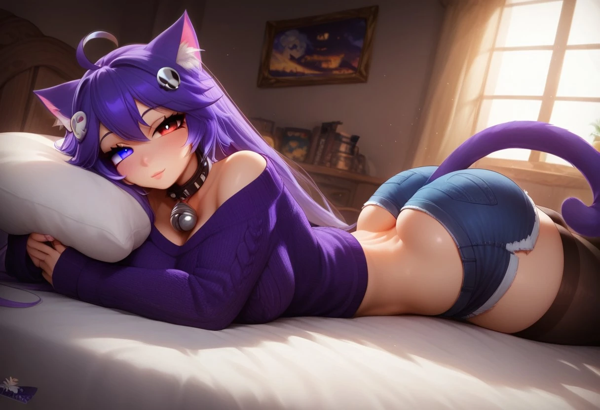 deep blue and magenta ombre,
on all fours, 1woman, cat ears, front facing, eye contact, eyeliner, happy, living room, spiky hair, dark lighting