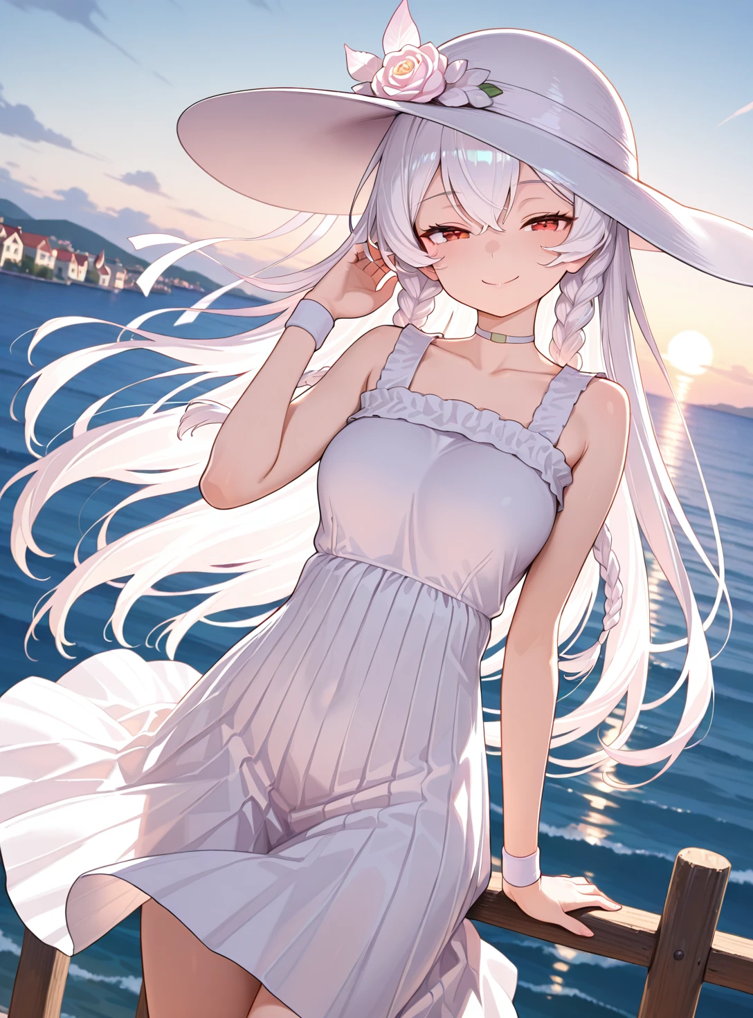 white hair, red eyes, laughing, water, seaside, beach, sunny girl