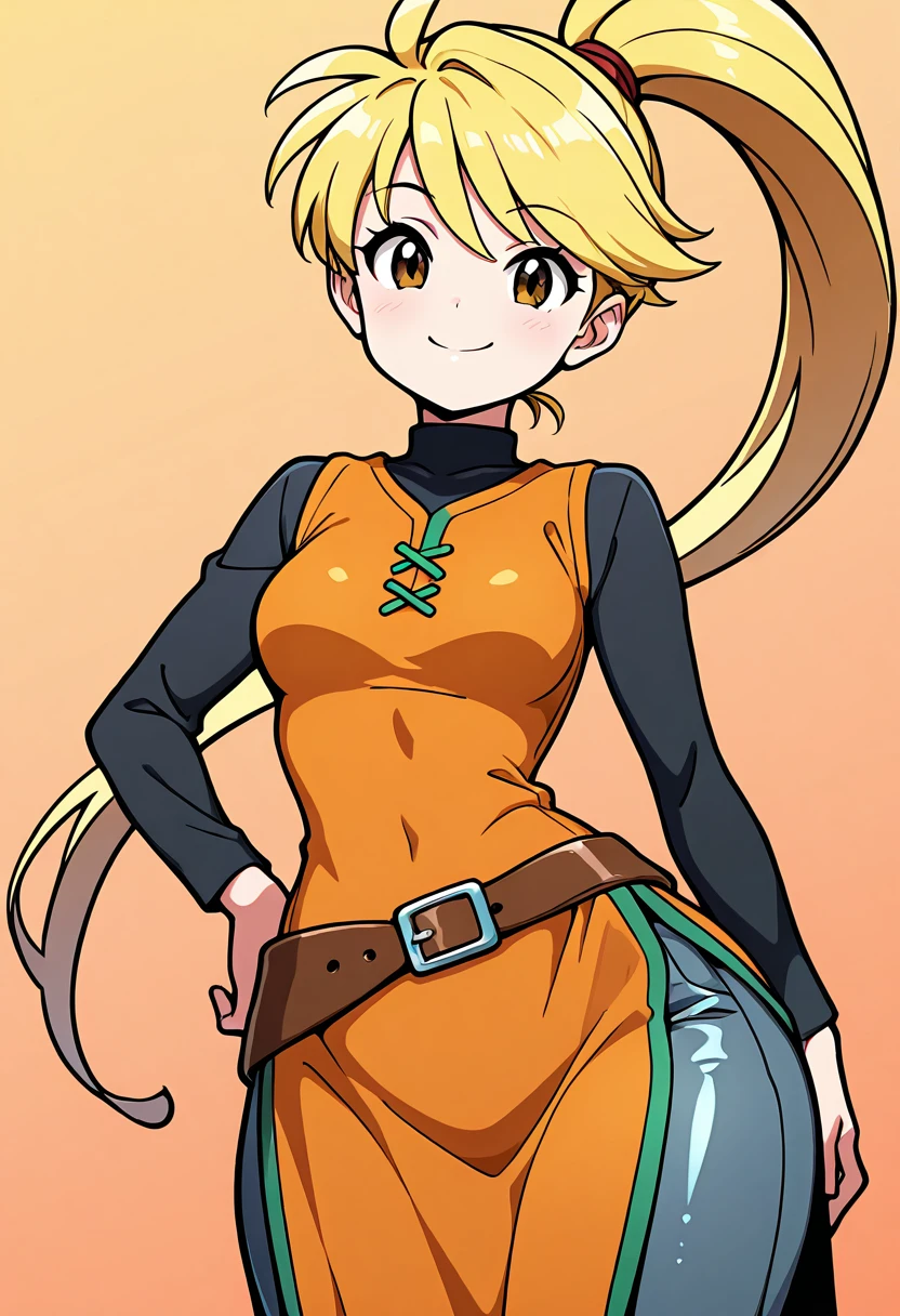 masterpiece, best quality, solo, curvy, beautiful eyes, narrow waist, wide hips, 1girl, solo, smile, looking at viewer, dynamic angle, foreshortening, close up, zzYellow, brown eyes, blonde hair, long hair, ponytail, bangs, orange tunic, brown belt, pants, , <lora:YellowPokemon_NAI:1.0>, cowboy shot, hand on hip, smug, smile, looking at viewer, shiny skin,