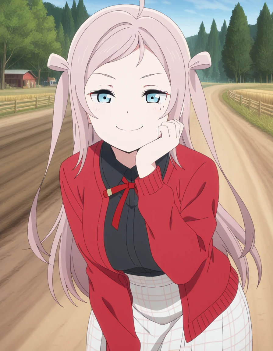 masterpiece, best quality, amazing quality,, <lora:lanzhu-zhong-s2-illustriousxl-lora-nochekaiser:1>, lanzhu zhong, long hair, bangs, blue eyes, pink hair, ahoge, sidelocks, mole, two side up, mole under eye, mature female, breasts, anime screencap, skirt, shirt, ribbon, collared shirt, plaid, black shirt, neck ribbon, plaid skirt, white skirt, cardigan, red jacket, checkered skirt,, head rest, smug, bike ride, countryside, dirt road, trees, afternoon sun, peaceful, alone, cowboy shot, solo, looking at viewer,