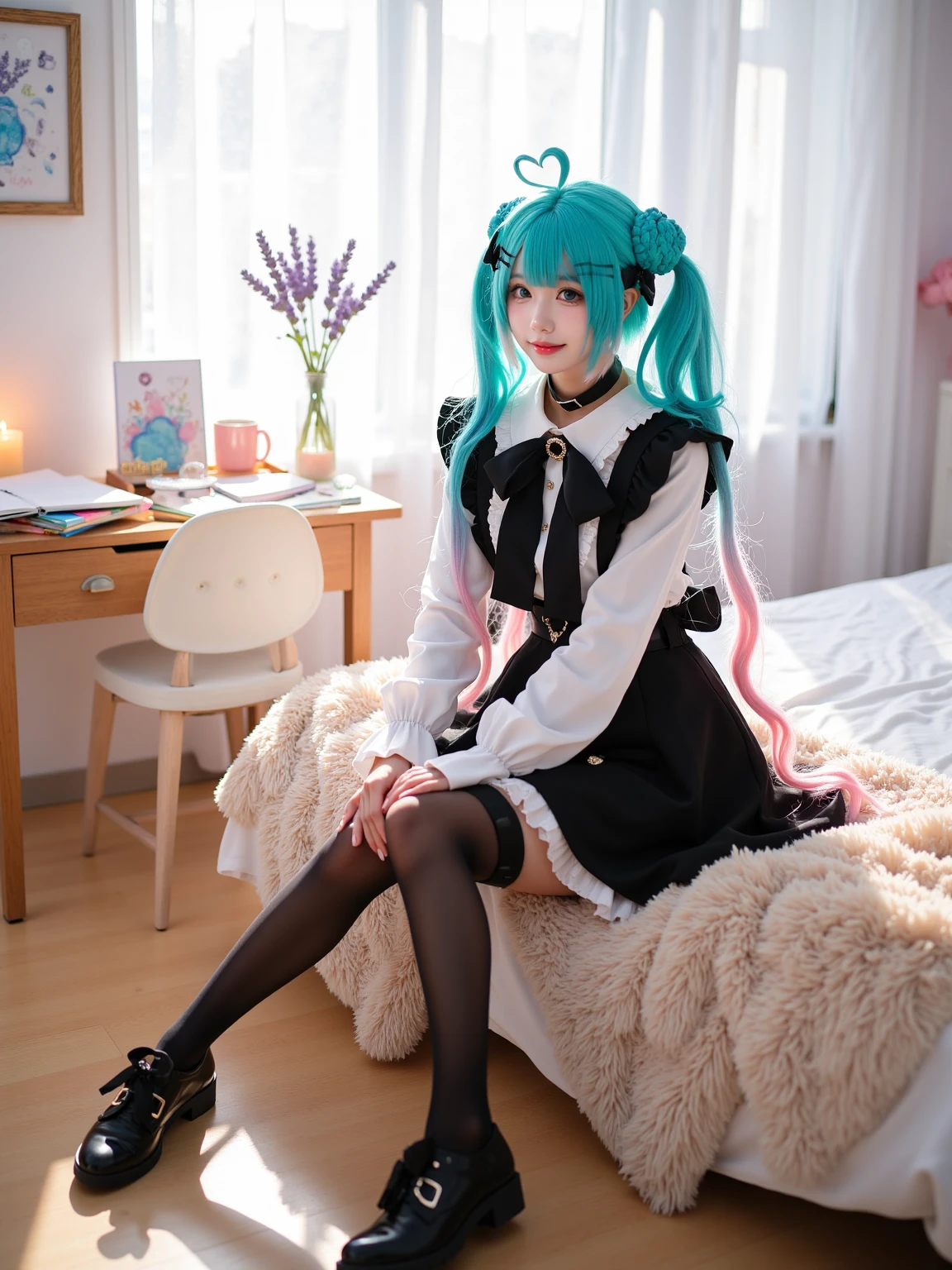 A realistic photo of a slender and beautiful young woman in cyb-miku cosplay costume. She is also wearing choker and black thighhighs and thigh strap and black shoes. She has aqua hair with hairclip and twintails and hair ornament. She is in dynamic pose and smile. The background is a vivid description of a warm, cozy afternoon in a girl's room. The sunlight streams through the lace curtains, casting soft, dappled patterns on the floor. The room is filled with the gentle scent of lavender from a small, flickering candle. A plush, cream-colored throw blanket is draped over the edge of the bed, inviting relaxation. The desk is cluttered with colorful stationery, a half-finished sketchbook, and a steaming cup of tea. Soft, melodic music plays in the background, adding to the serene atmosphere. She is sitting on the bed. The photo is a full body shot with her entire body visible and with detailed background.