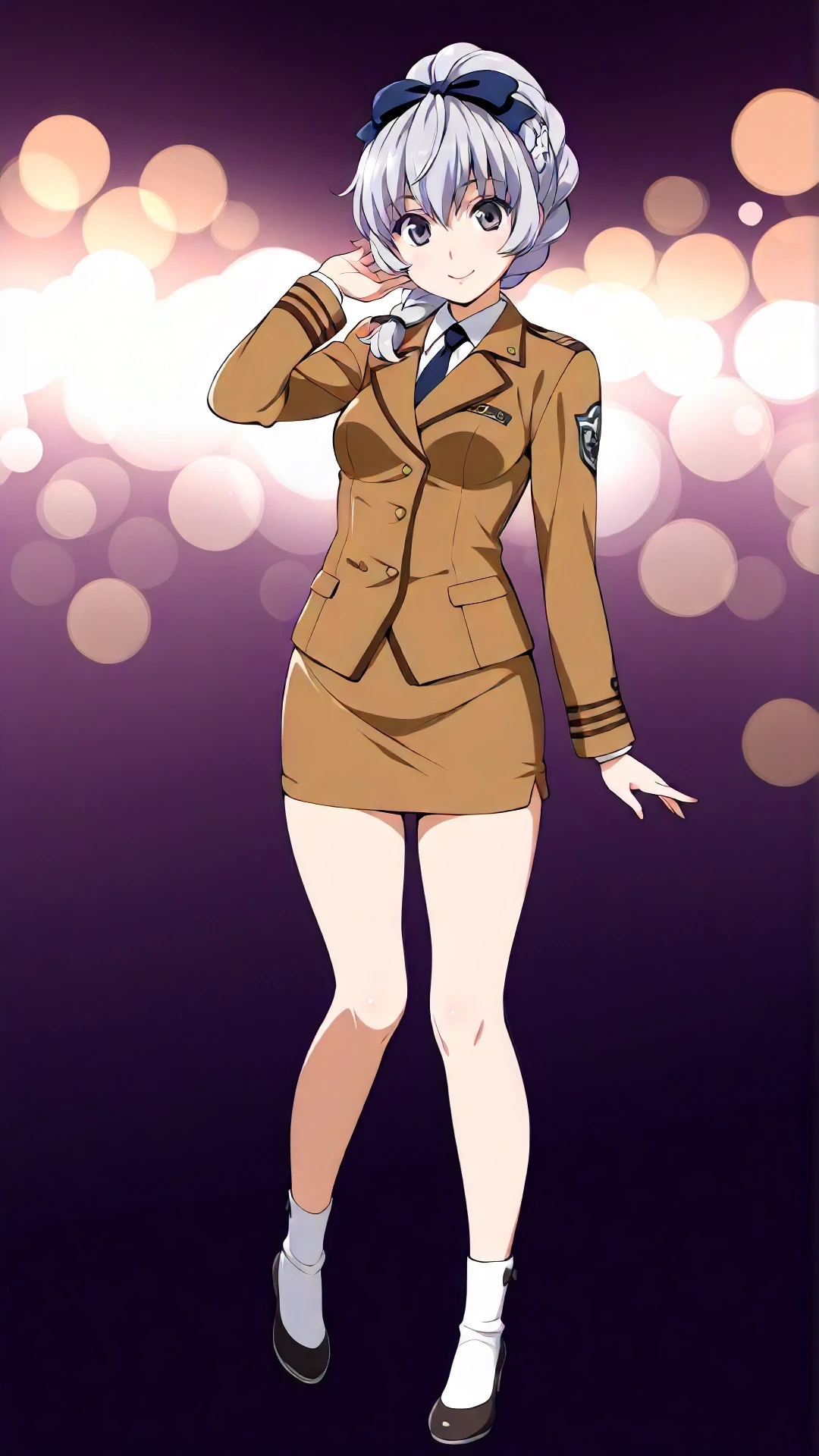 teletha_testarossa, an anime girl,  1girl, solo, looking at viewer, smile, skirt, simple background, shirt, white background, bow, standing, jacket, full body, braid, hair bow, grey hair, necktie, uniform, grey eyes, brown skirt, brown jacket