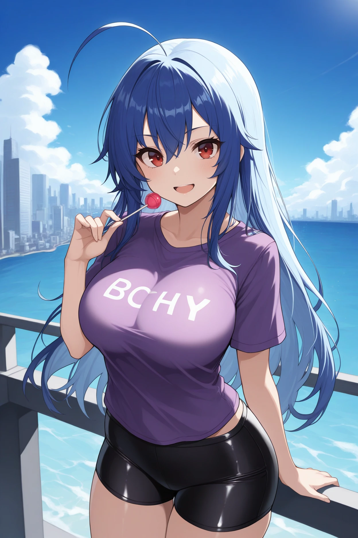 masterpiece, best quality, 1girl, solo, <lora:kurokamimedaka-illu-nvwls-v1-000006:1> kmimd, blue hair, ahoge, long hair, dark red eyes, big breasts, purple t-shirt, black shorts, spandex shorts, holding lollipop, smile, open mouth, looking at viewer, blue sky, ocean, city