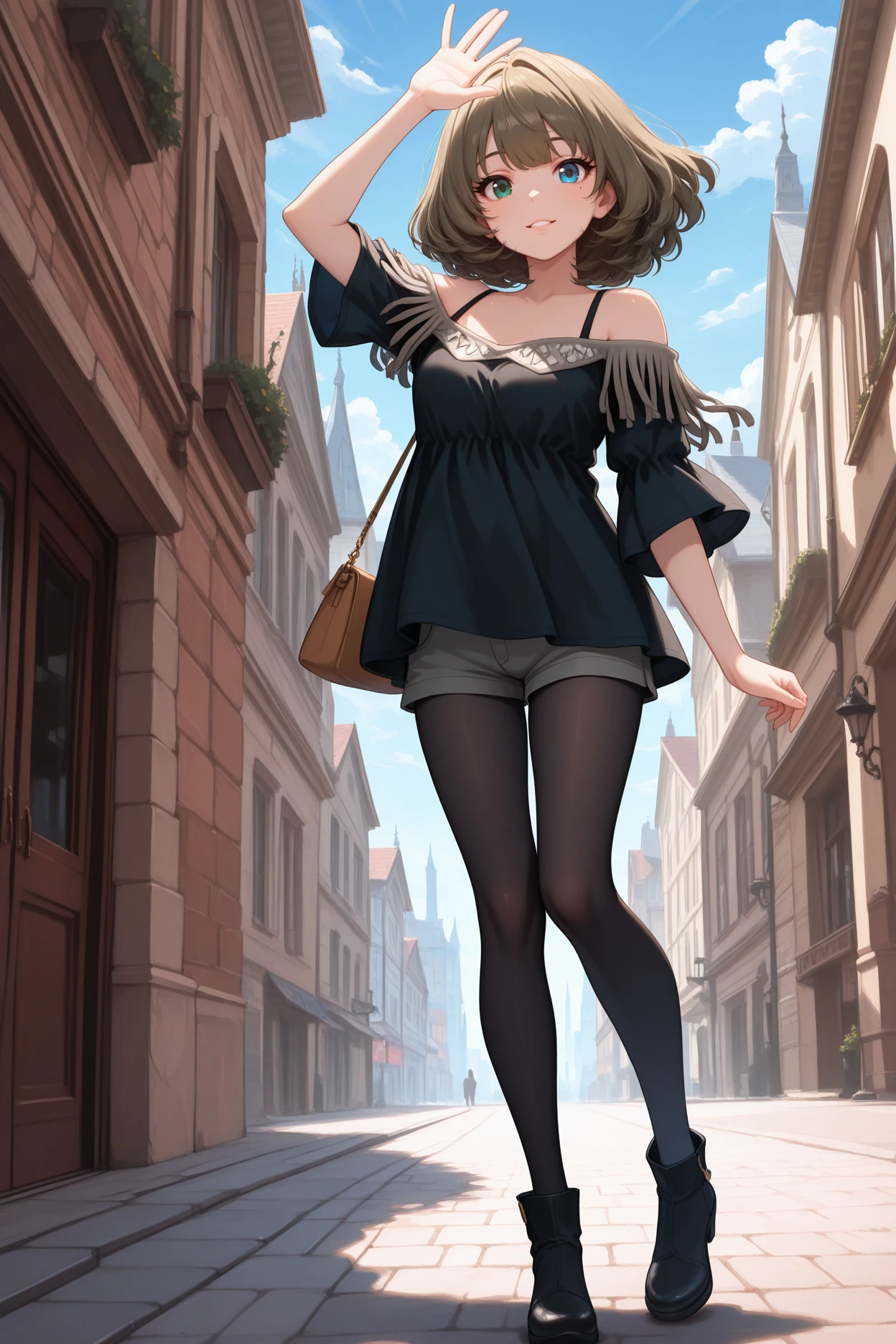 masterpiece, best quality, 1girl, solo, <lora:takagakikaede-illu-nvwls-v1-000006:1> defkdt, green eyes, blue eyes, heterochromia, brown hair, short hair, mole under eye, black shirt, off-shoulder shirt, fringe trim, grey shorts, short shorts, black pantyhose, full body, handbag, city street, european architecture, parted lips, happy, looking at viewer, arm up, waving, blue sky, clouds