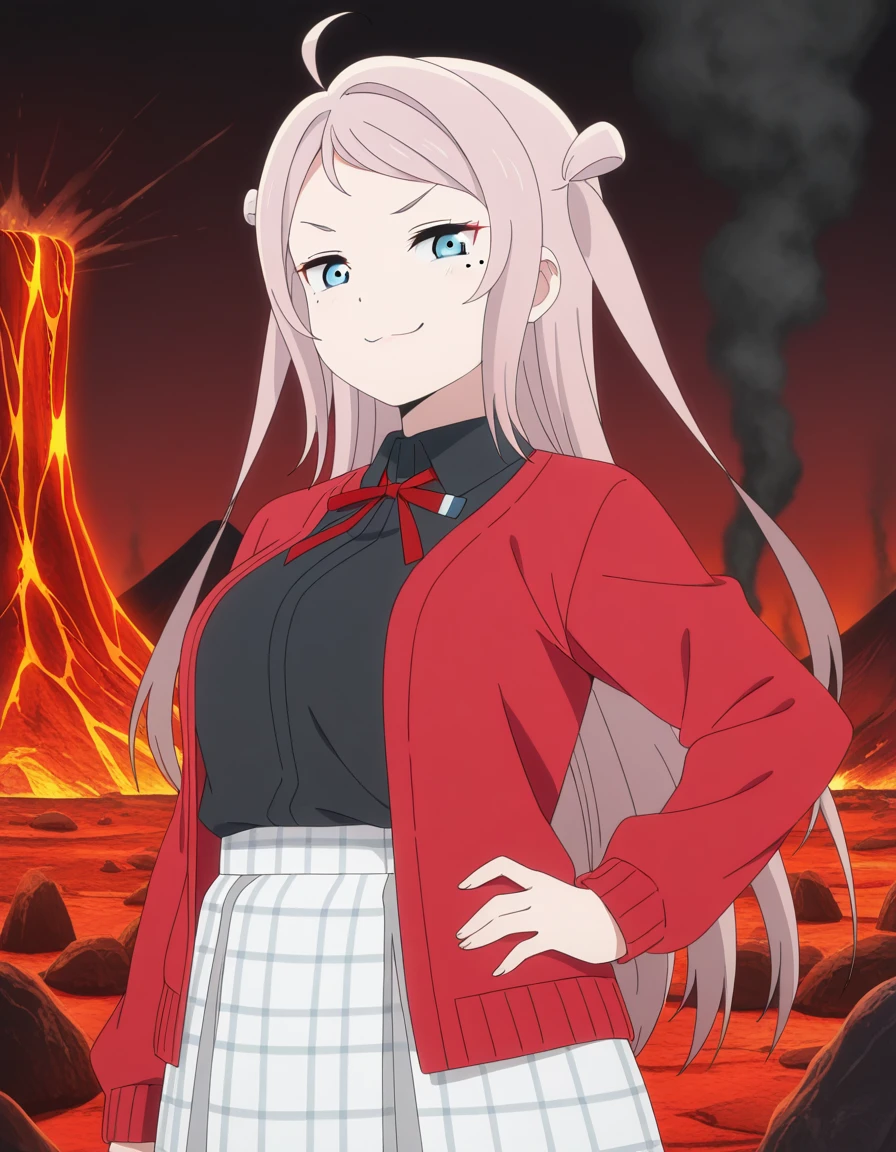 masterpiece, best quality, amazing quality,, <lora:lanzhu-zhong-s2-illustriousxl-lora-nochekaiser:1>, lanzhu zhong, long hair, bangs, blue eyes, pink hair, ahoge, sidelocks, mole, two side up, mole under eye, mature female, breasts, anime screencap, skirt, shirt, ribbon, collared shirt, plaid, black shirt, neck ribbon, plaid skirt, white skirt, cardigan, red jacket, checkered skirt,, smug, hand on own hip,, volcano, lava, rock, fire, smoke, cowboy shot, solo, looking at viewer,