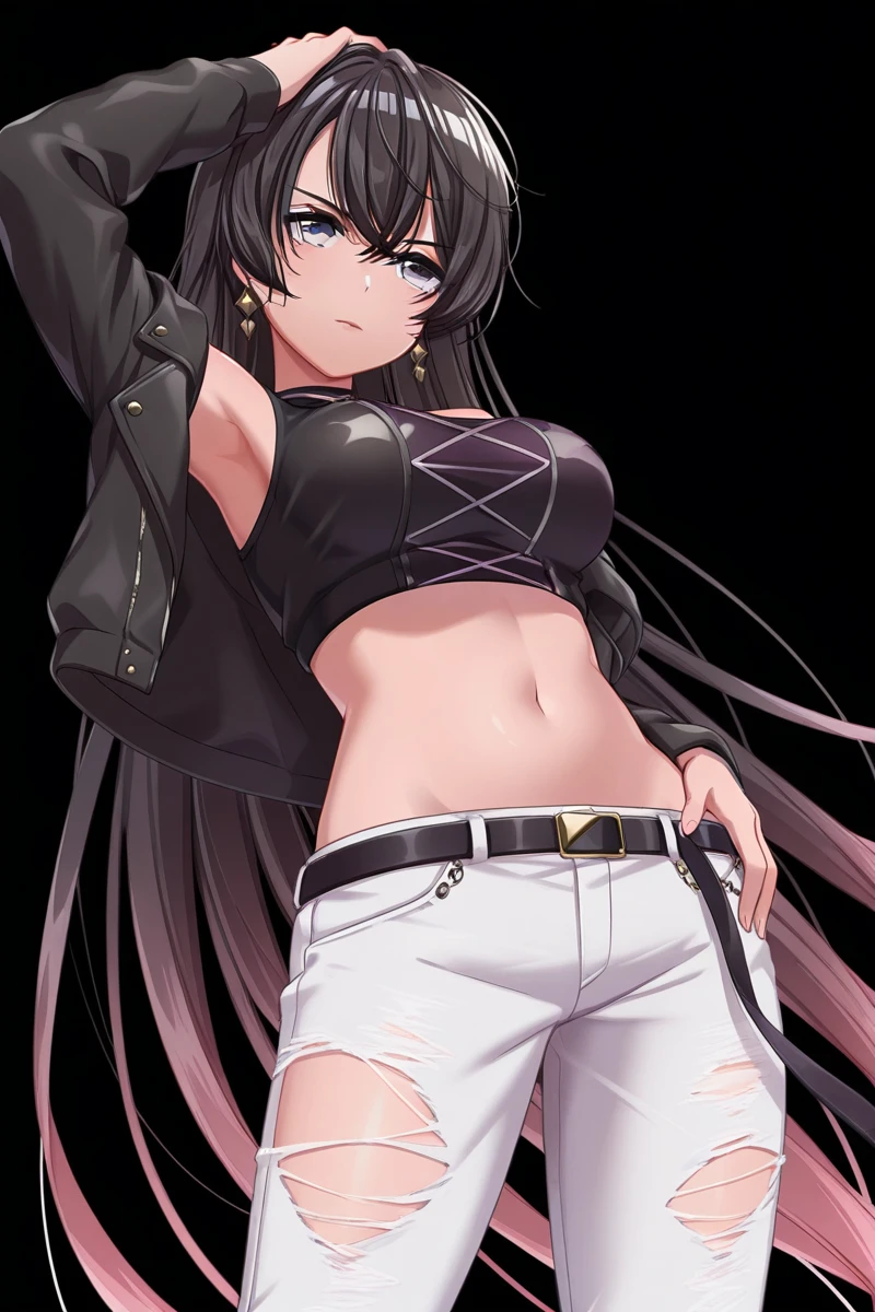 1girl, city,BREAK zozo-nosiro,oni horns,black hair,black eyes, long hair, ponytail, black bikini,black jacket, boots, bracelet,black enamel pants,pendant, BREAK smile,sitting, BREAK, (dark light:1.2),(hyper extreme detailed),(masterpeace:0.5),(hyper extreme),(photorealistic),game cg,llustration,novel illustration,beautiful lighting,light from the front,