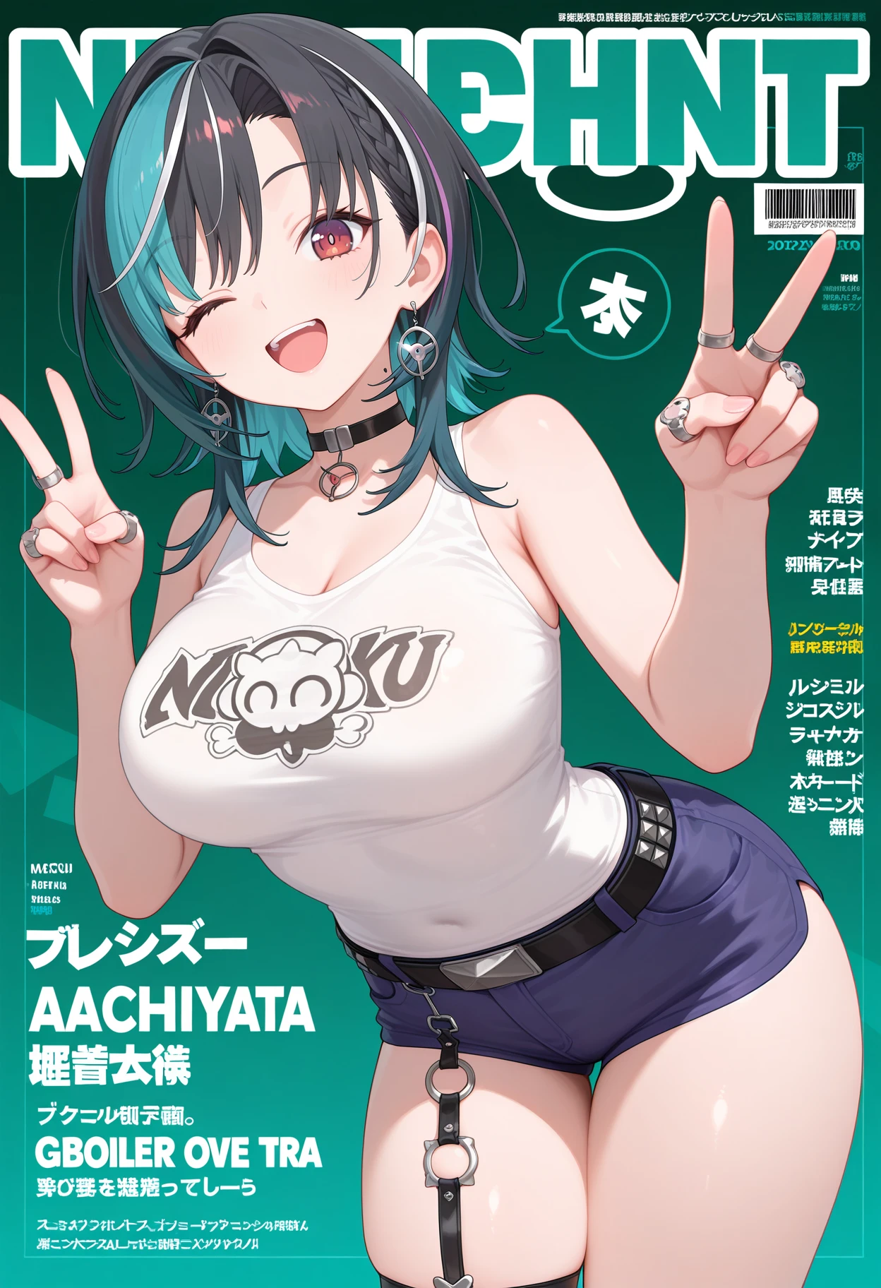 Colourful and pop magazine covers,(vulgar),Just the right kind of 14-year-old japanese sunburn pregnant kuro Gyaru pregnant for promiscuous sex friend, group shot,Rainbow Hair Color,wearing an short apron without any clothes on and necklace,hair accessories,between breasts,big breasts,,seductive grin smug,Tilt-shift cameracrowd,close up,from above,Vulgar shop