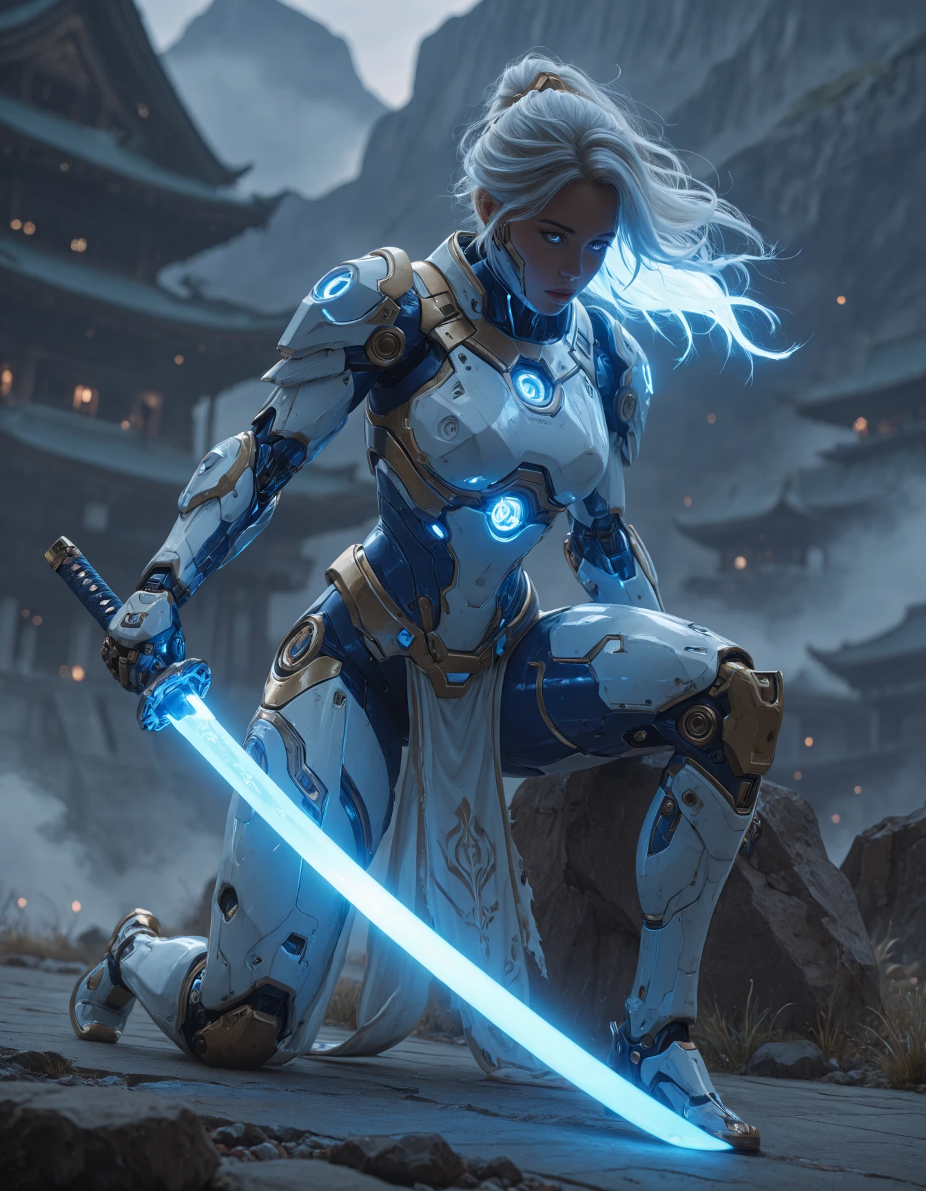 masterpiece, best quality, amazing quality, very aesthetic, high resolution, absurdres, newest, photorealism, realistic, dynamic close up shot, Female character from Genshin Impact, long beautiful white hair, blue eyes, wearing white and gold with an Asian style, in the style of cyberpunk with robot body parts and high tech mechanical armor. Wielding a blue glowing katana as weapon, torn cape, hair blowing in wind, glowing hair, temples in background, dynamic battle stance. Unreal Engine 5. hkmecha <lora:hkmechaILv2:0.85>