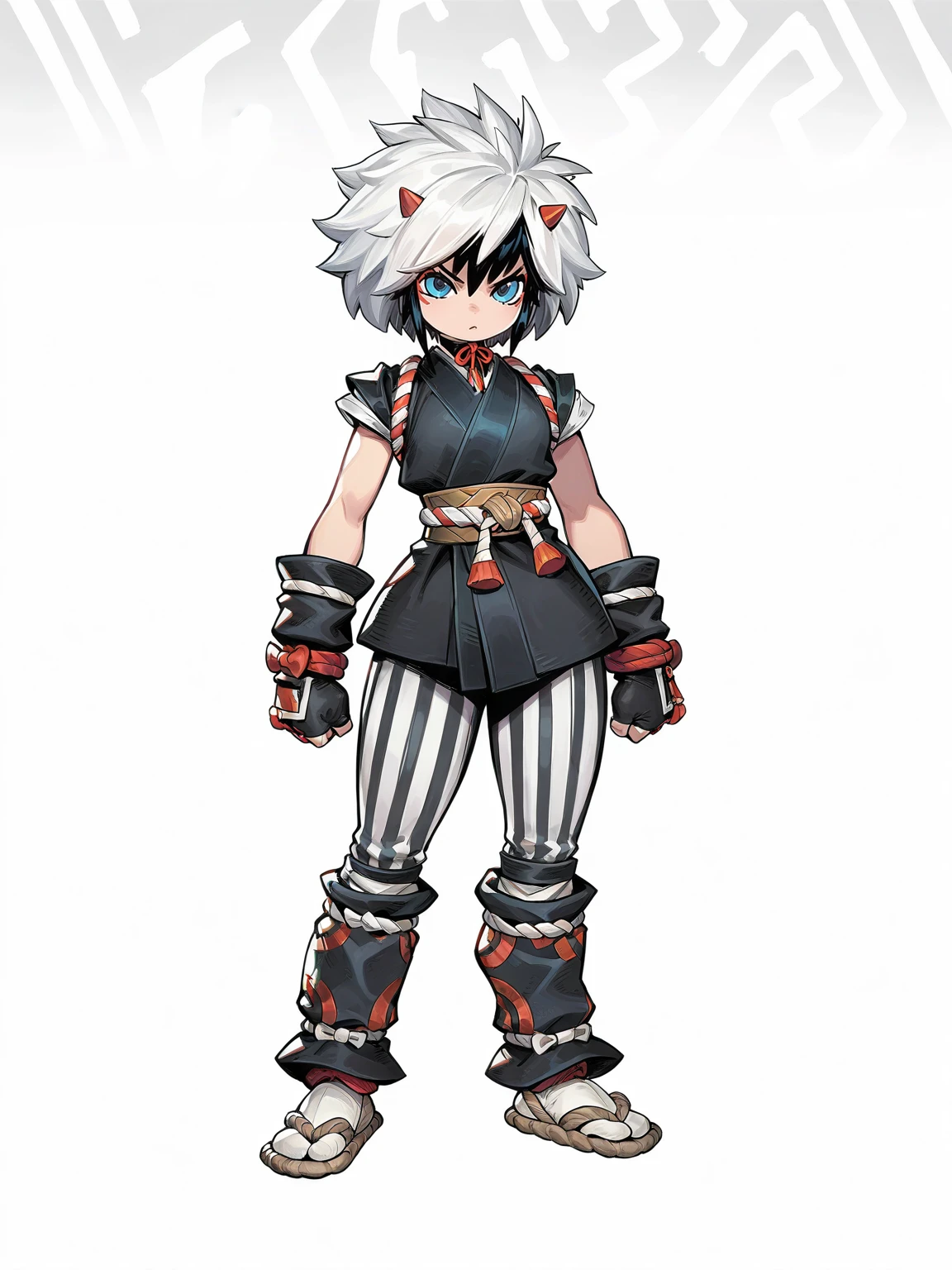 <lora:MR_PeniParker-IL:0.8> 1girl, solo, chibi, full body, white background, penialt, blue eyes, looking at viewer, black hair, short hair, red horns, white hair, japanese clothes, fingerless gloves, striped pants, sash, masterpiece, best quality, detailed, highres, newest, recent, very as2, very awa