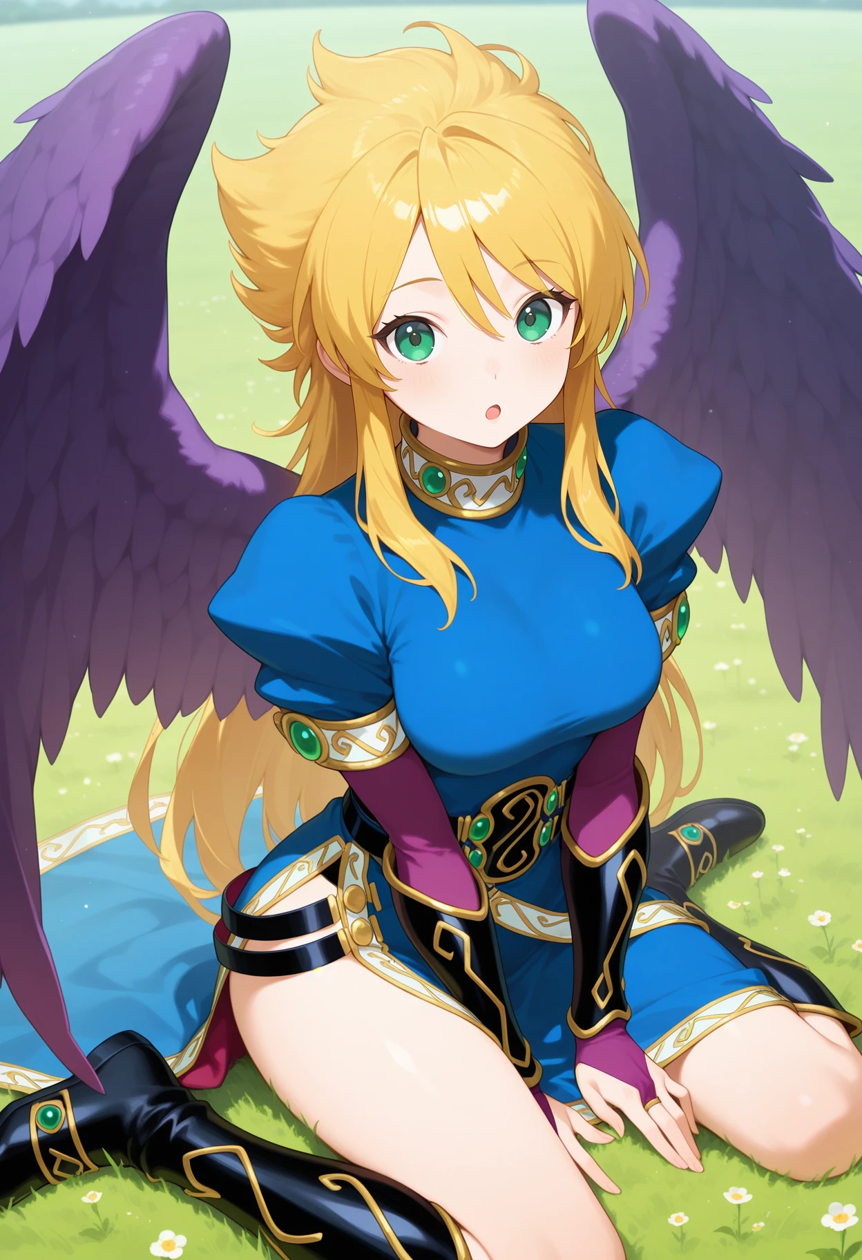 best quality, masterpiece, 1girl, aanina, long hair, blonde hair, green eyes, feathered wings, blue dress, puffy sleeves, arm guards, bridal gauntlets, black belt, side slit, <lora:nina_(bof2)_ilxl_v1:0.9>, wariza, field, :o, knee boots, black footwear,