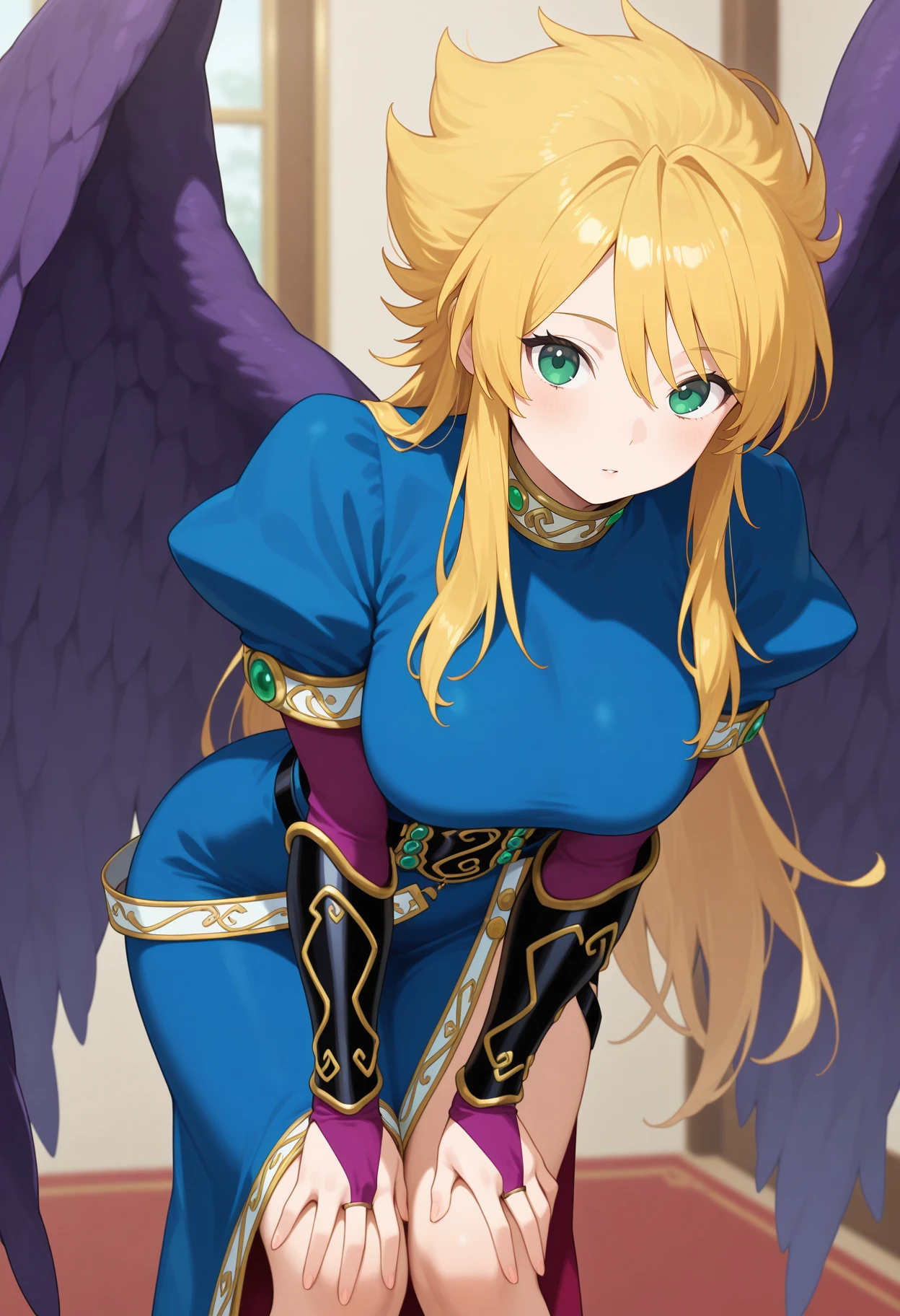 best quality, masterpiece, 1girl, aanina, long hair, blonde hair, green eyes, feathered wings, blue dress, puffy sleeves, arm guards, bridal gauntlets, black belt, side slit, <lora:nina_(bof2)_ilxl_v1:0.9>, hands on own knees, leaning forward,
