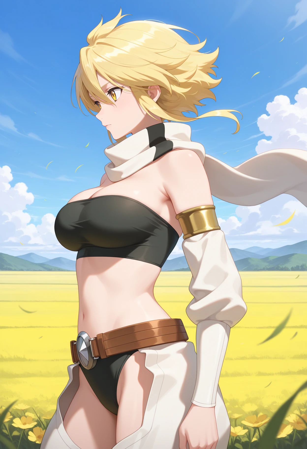 best quality, masterpiece, 1girl, aaleone, short hair, blonde hair, yellow eyes, white scarf, strapless, black tube top, detached sleeves, midriff, belt, black panties, chaps, white pants, <lora:leone_(akame_ga_kill!)_ilxl_v1:0.9>, standing, cowboy shot, from side, field, wind, solo, looking at another, day,