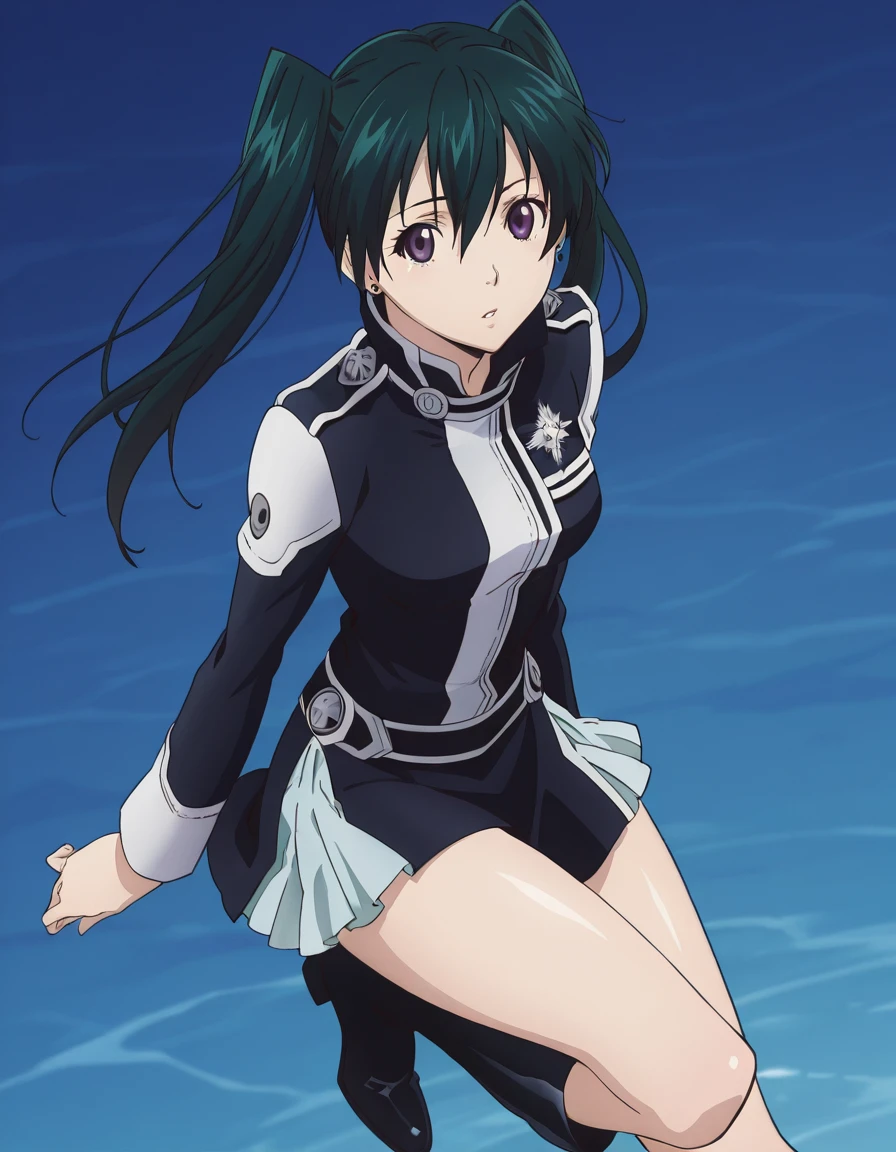 masterpiece, best quality, detailed background, detailed face, anime screencap, <lora:Lenalee_Lee_-_D.Gray-man:1>, 1girl, solo, Lenalee Lee, twintails, dark green hair, purple eyes, earrings, medium breasts, first uniform, black jacket, long sleeves, pleated skirt, miniskirt, zettai ryouiki, emblem, shiny clothing, black metal boots,