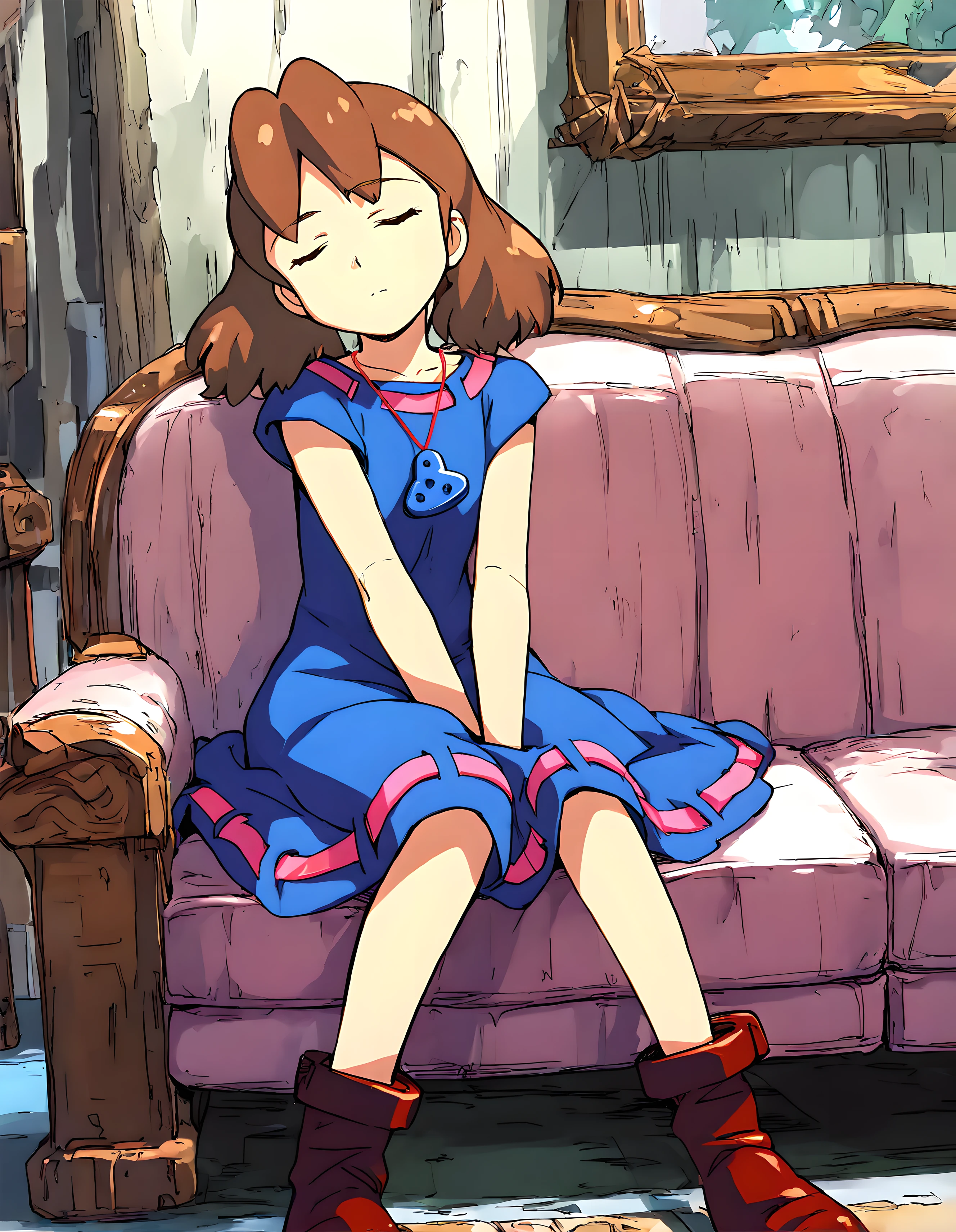 <lora:illustrious_XL_josette:0.9>,josette,masterpiece,best quality,good quality,1girl,solo,dress,necklace,boots,no hair_ornament,hair_down,straight_hair,sitting,couch,v_arms,closed eyes,
