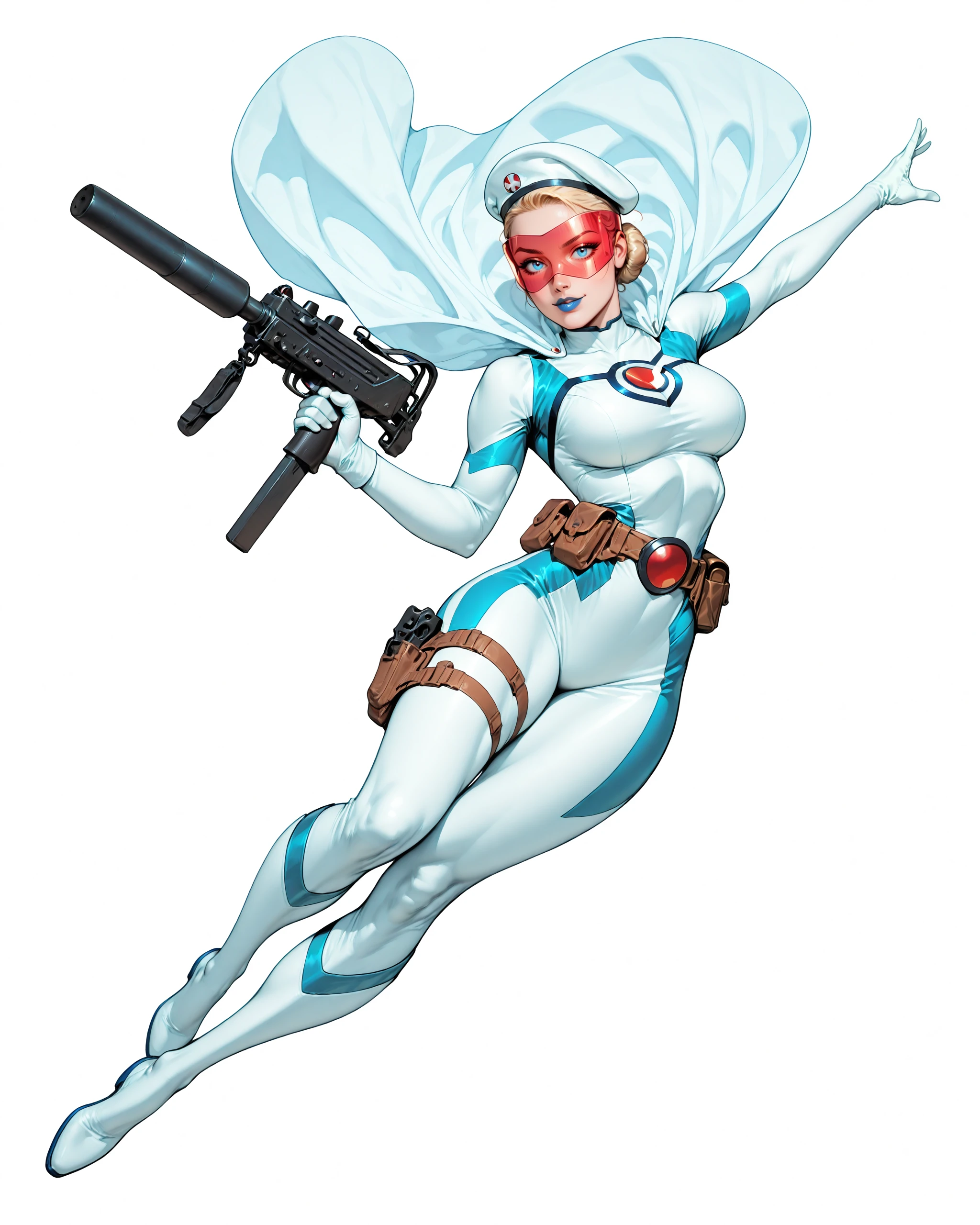solo, (full body shot, wide shot:1.2), 1girl, (30 year old Russian woman:1.2), beautiful female cyborg spy, fair skin, (white with light blue accents superhero bodysuit with armor padding:1.3), white body armor vest, thigh pistol holsters, white cloak, white military beret, cyborg, cybernetic seams, utility belt, blue eyes, epic red visor, blonde hair, hair bun, white arm length gloves, slim waist, (toned body:1.1), (large breasts:1.2), wide hips, ultra detailed face, (blue lips:1.2), confident closed mouth smile, strong jaw line, white thigh high superhero boots, (shooting a mac-10 machine pistol with a suppressor:1.2), white background, (dynamic pose, dynamic composition, dynamic angle:1.2), digital painting, masterpiece, best quality, very awa, absurdres, 8k, comic art style, detailed,

ArsMJStyle, Colored pencil hyperdetailed realism, masterpiece, very aesthetic, G0thicL1nes, C0M1C5 Style, c0m1c5 style, (borderless), cgstyle, SUP3RH3R0 Style, sup3rh3r0 style, comic art style, C0M1C5 Style, c0m1c5 style, SMG-0  