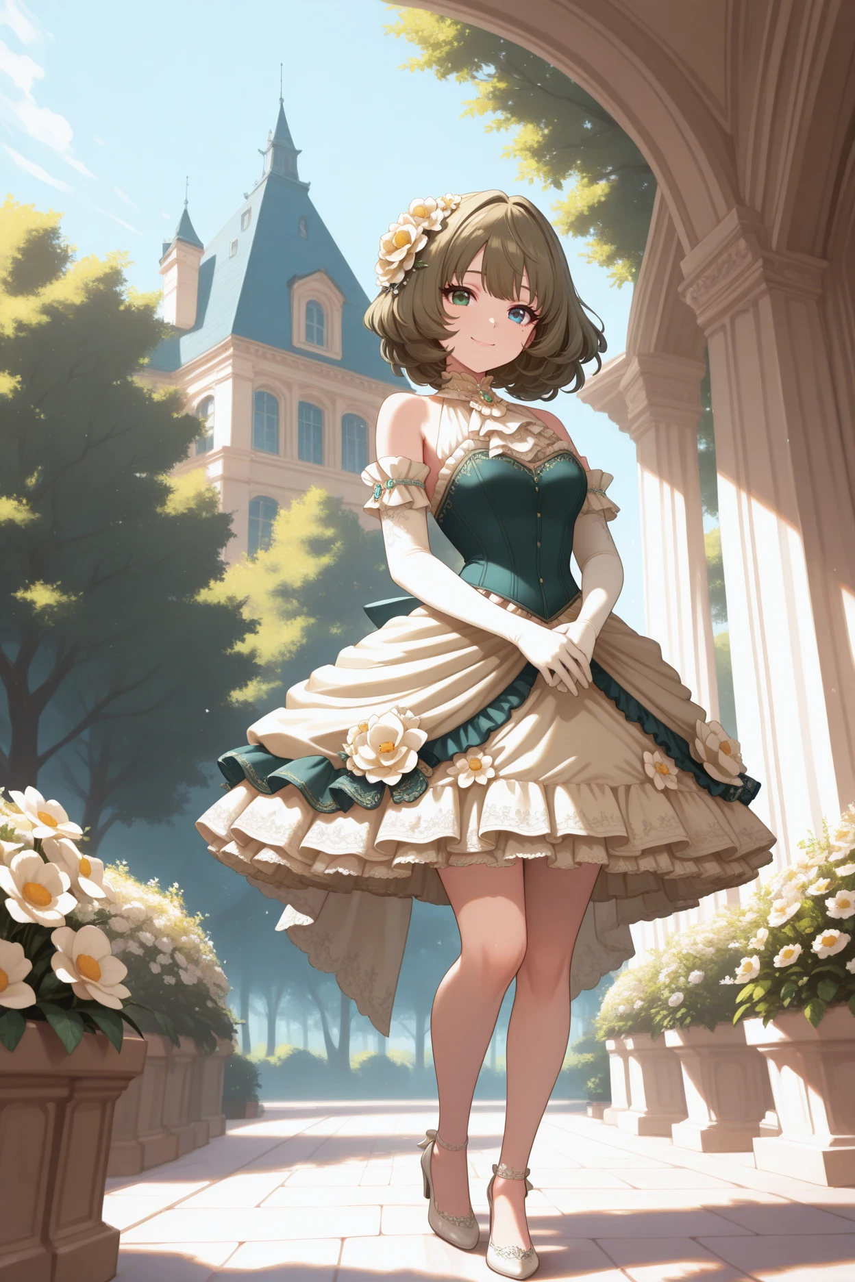 masterpiece, best quality, 1girl, solo, <lora:takagakikaede-illu-nvwls-v1-000006:1> lfekdt, green eyes, blue eyes, heterochromia, brown hair, short hair, mole under eye, white flower, hair flower, white ascot, green bustier, frills, beige dress, beige overskirt, short dress, elbow gloves, white gloves, detached sleeves, white high heels, blue sky, victorian architecture, full body, own hands together, smile, trees, flowers, looking at viewer