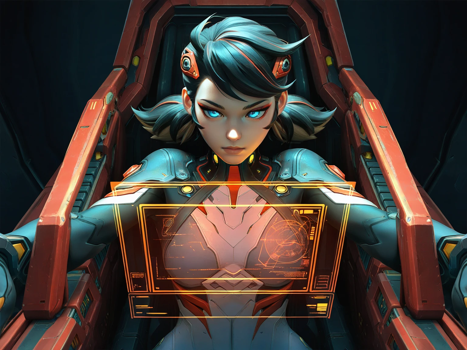 <lora:MR_PeniParker-IL:0.8> 1girl, solo, dark background, inside view, mecha cockpit, science fiction, red holographic display, background, blue eyes, black hair, penidef, streaked hair, swept bangs, multicolored hair, twintails, red eyeshadow, plugsuit, masterpiece, best quality, detailed, highres, newest, recent, very as2, very awa