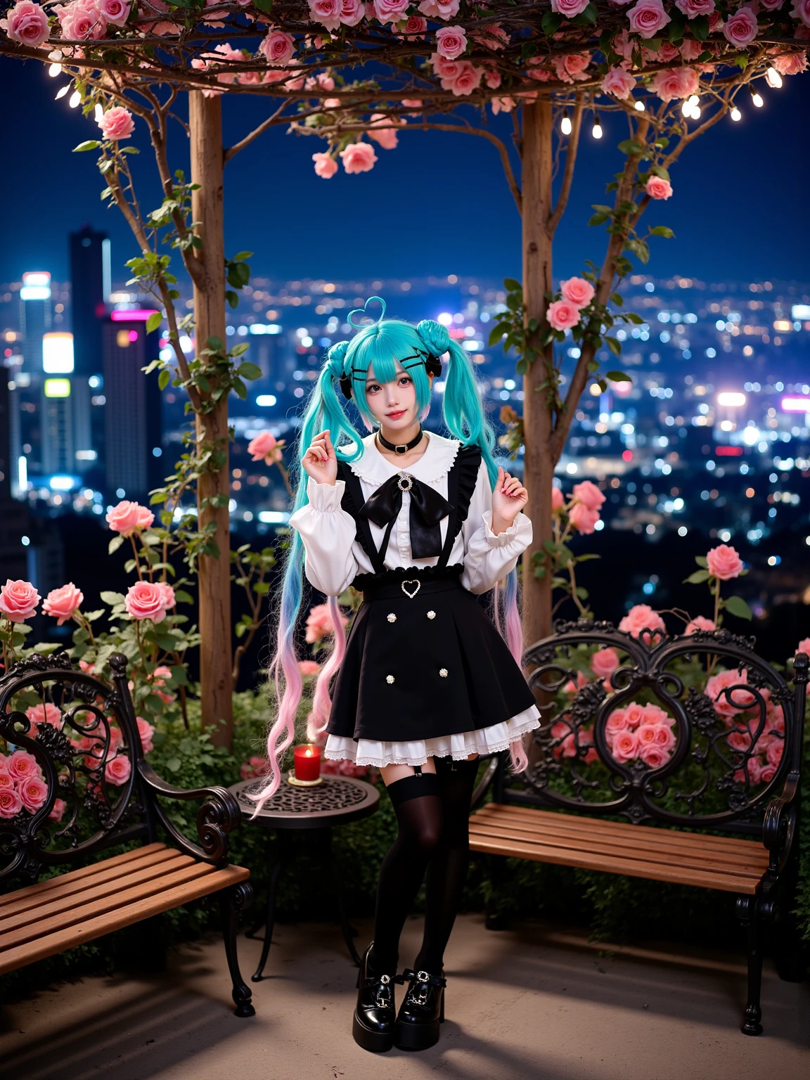 A realistic photo of a slender and beautiful young woman in cyb-miku cosplay costume. She is also wearing choker and black thighhighs and thigh strap and black shoes. She has aqua hair with hairclip and twintails and hair ornament. She is in dynamic pose and smile. The backgorund is a hidden rooftop garden overlooking a sprawling cityscape at night. The garden is filled with blooming roses, fairy lights strung between trellises, and ornate wrought-iron benches. In the distance, skyscrapers glow with colorful lights, contrasting with the natural beauty of the garden. A small table with a candle flickers gently in the breeze, adding a touch of romance to the enchanting atmosphere. The photo is a full body shot with her entire body visible and with detailed background.